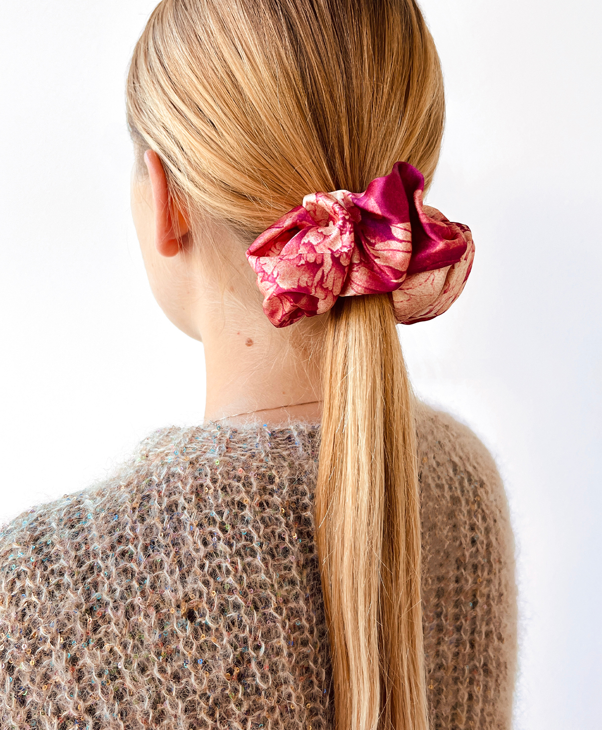 SCRUNCHIE IN PRINTED SILK - FUCHSIA/CREAM - Momonì