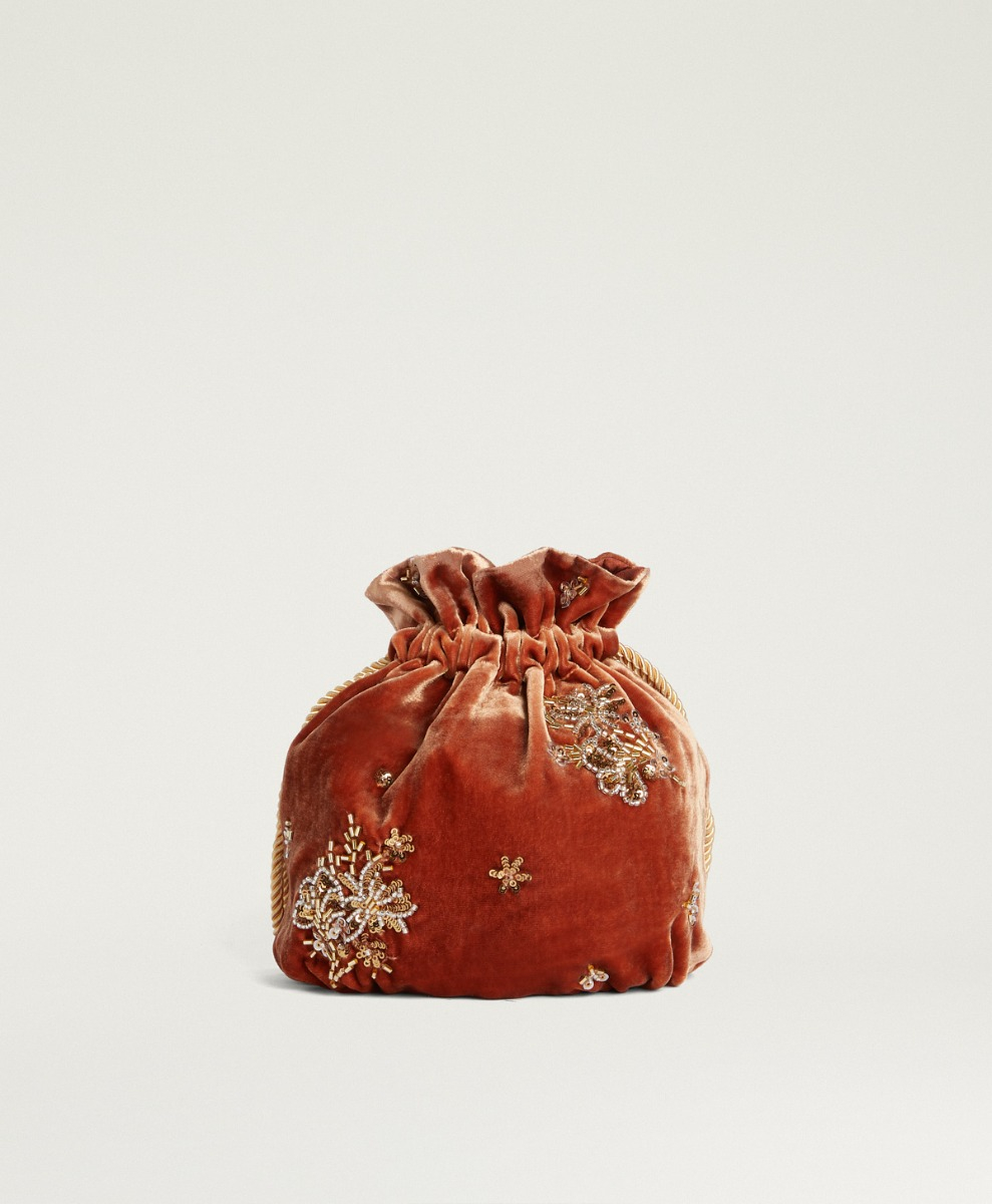 MOMONI NUAGE BAG IN EMBROIDERED VELVET - SALMON PINK - Momonì