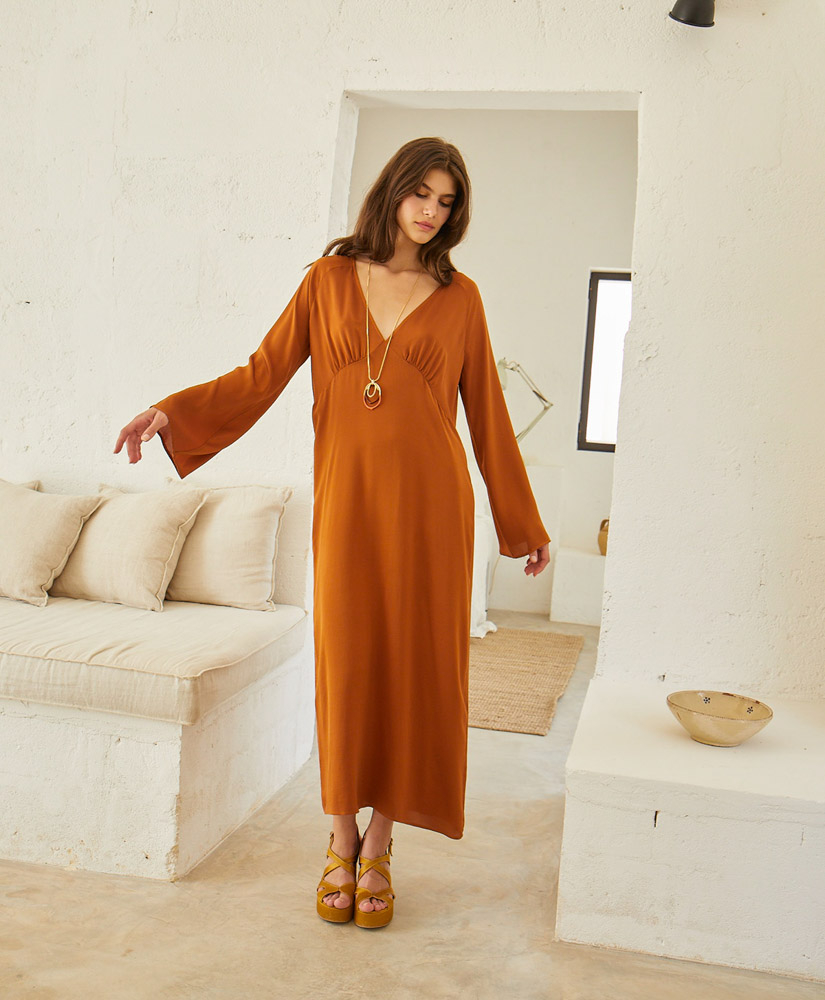 MINA DRESS IN GARMENT-DYED SILK SATIN CRÊPE - BURNT - Momonì