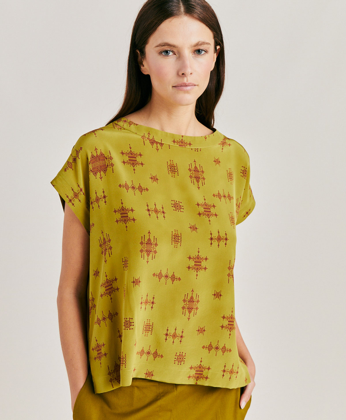 CURACAO BLOUSE IN CREPE DE CHINE  - LIME/WINE - Momonì