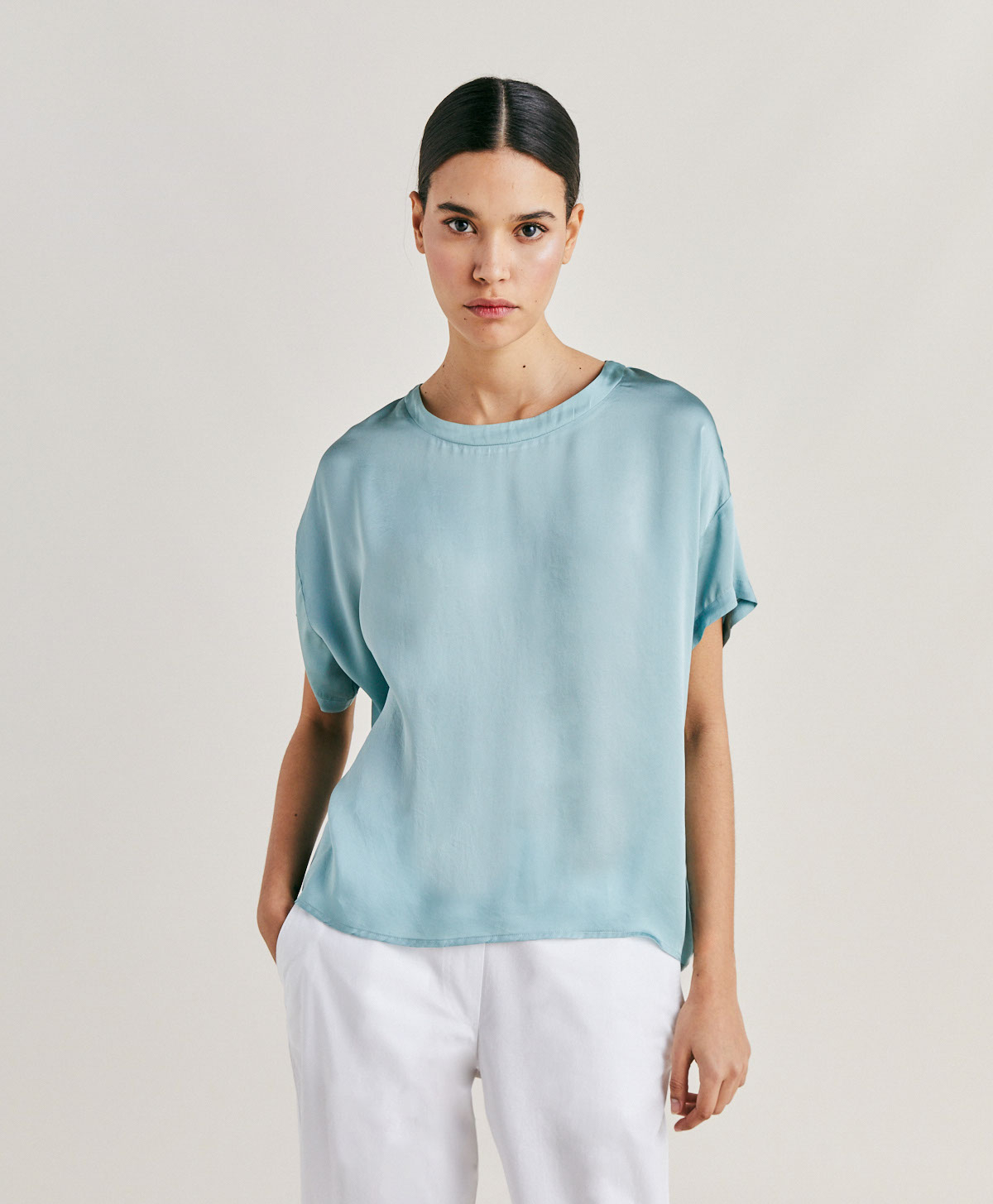 ALONSO BLOUSE IN PLAIN SILK - CERULEAN - Momonì