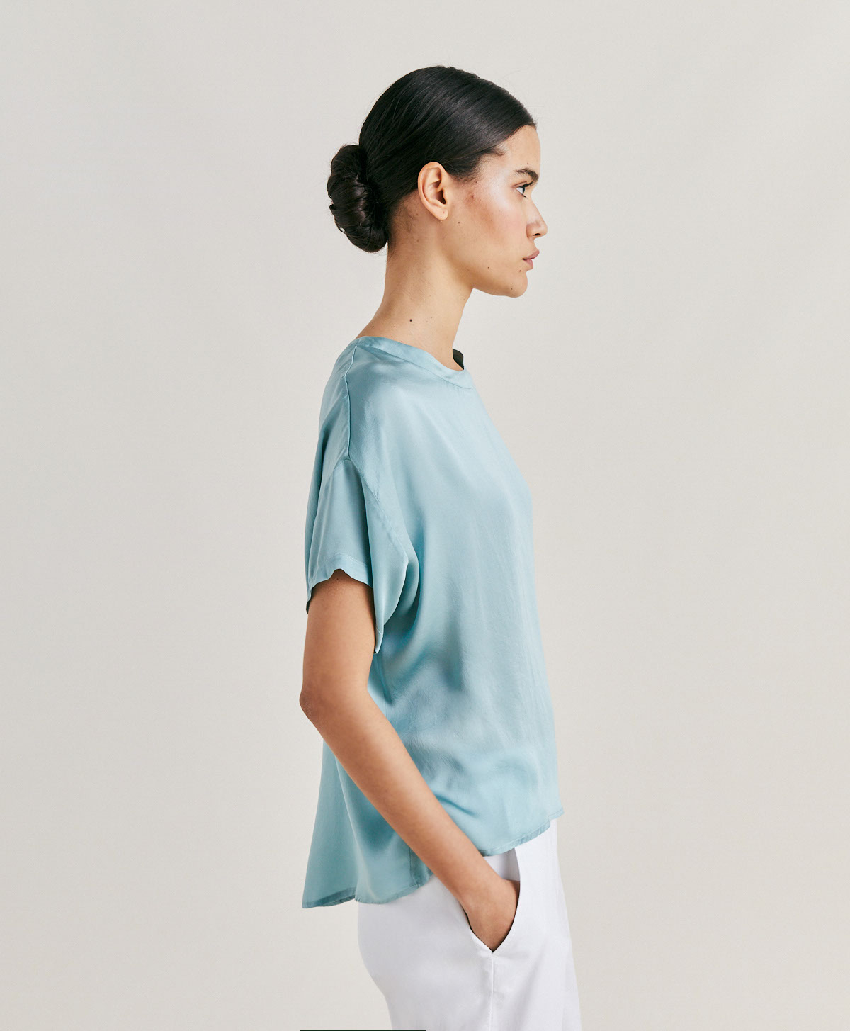 ALONSO BLOUSE IN PLAIN SILK - CERULEAN - Momonì