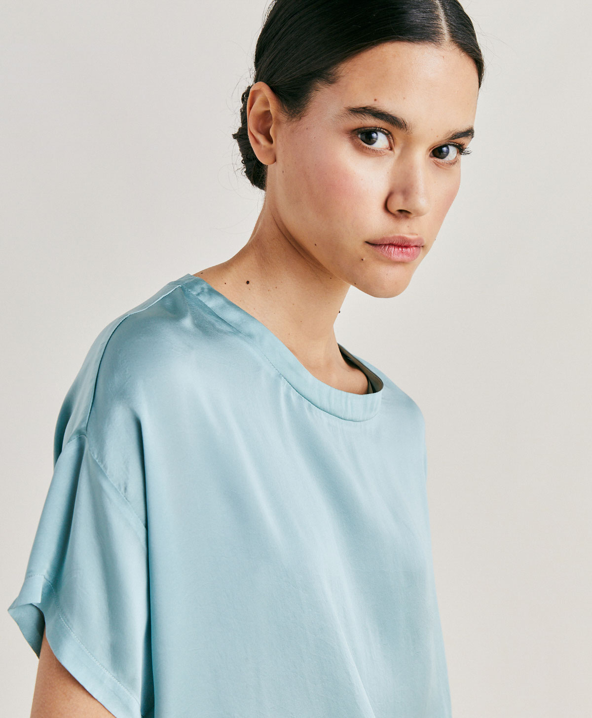 ALONSO BLOUSE IN PLAIN SILK - CERULEAN - Momonì