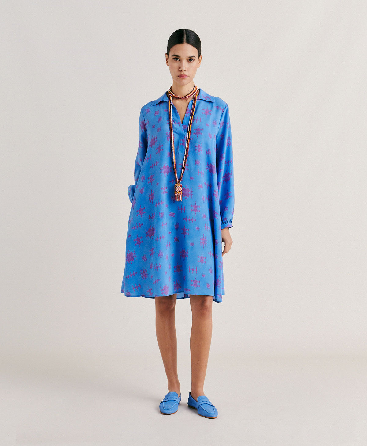 AMBRA DRESS IN CREPE DE CHINE  - CORNFLOWER BLUE/FUCHSIA - Momonì