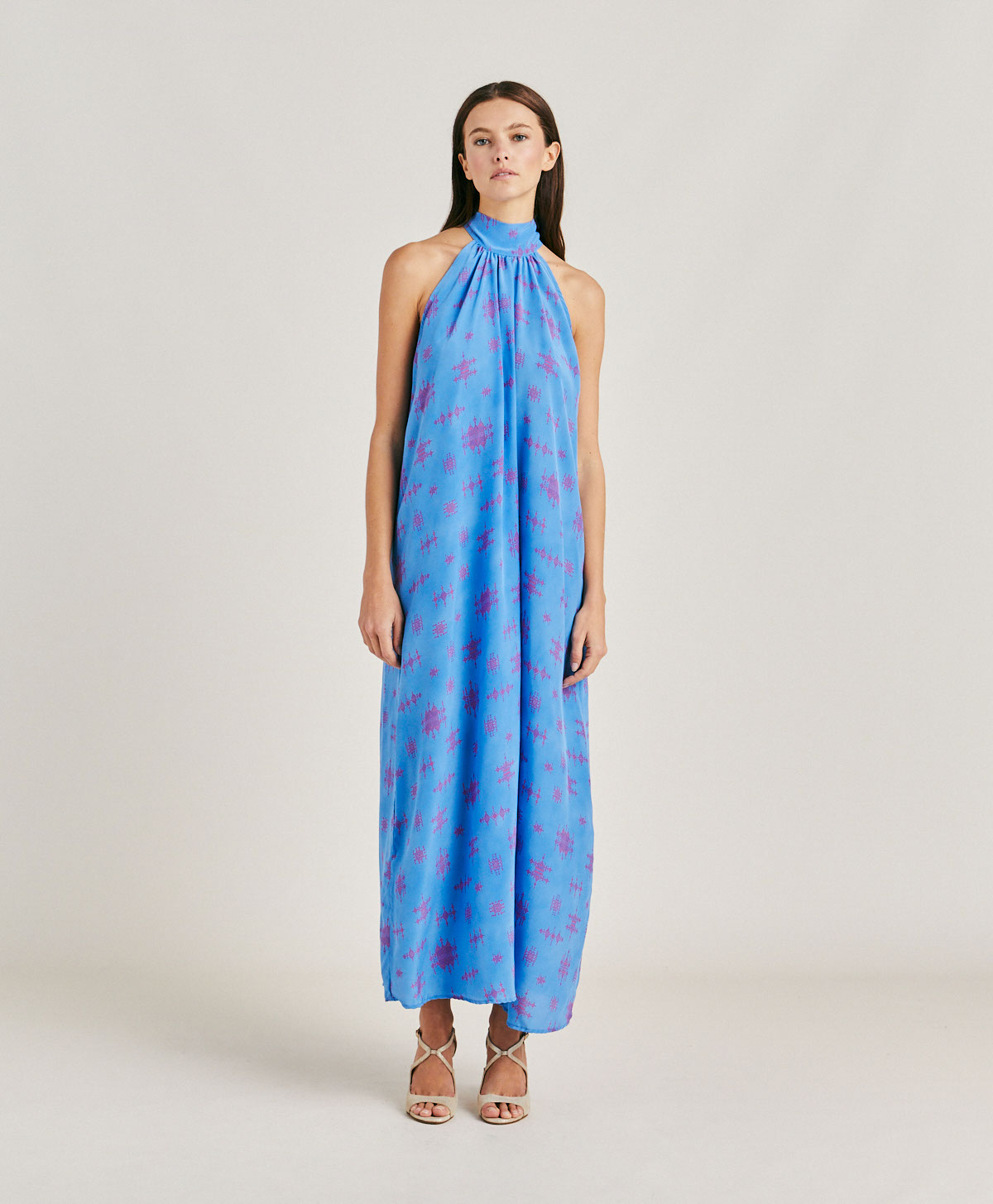 SABINA DRESS IN CREPE DE CHINE  - CORNFLOWER BLUE/FUCHSIA - Momonì