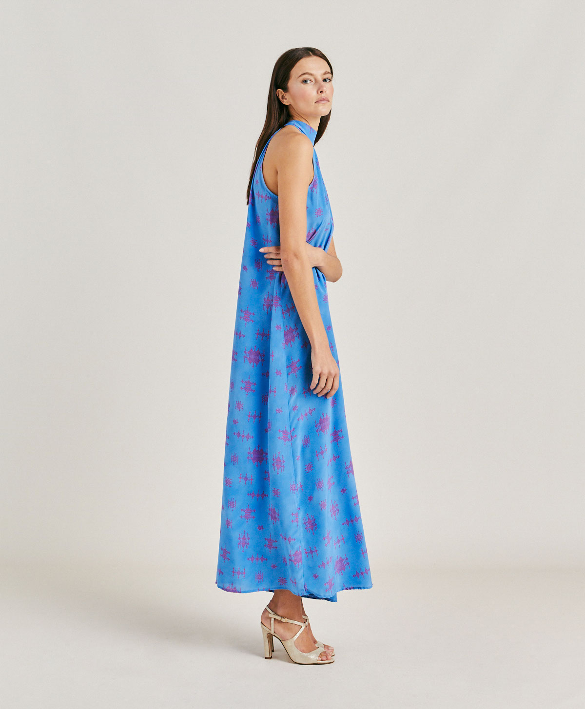 SABINA DRESS IN CREPE DE CHINE  - CORNFLOWER BLUE/FUCHSIA - Momonì