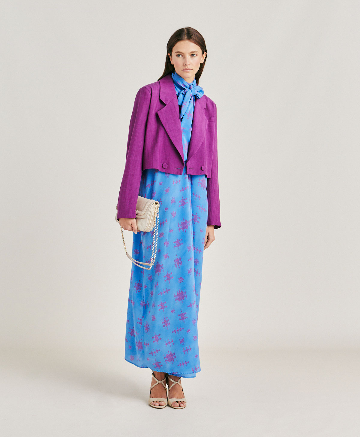 SABINA DRESS IN CREPE DE CHINE  - CORNFLOWER BLUE/FUCHSIA - Momonì