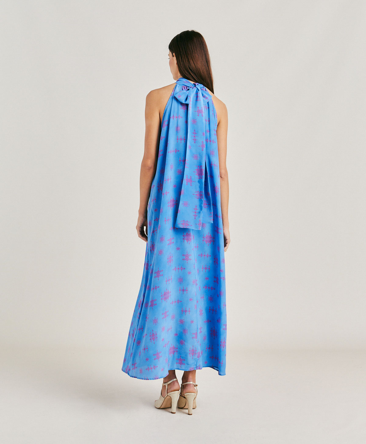 SABINA DRESS IN CREPE DE CHINE  - CORNFLOWER BLUE/FUCHSIA - Momonì