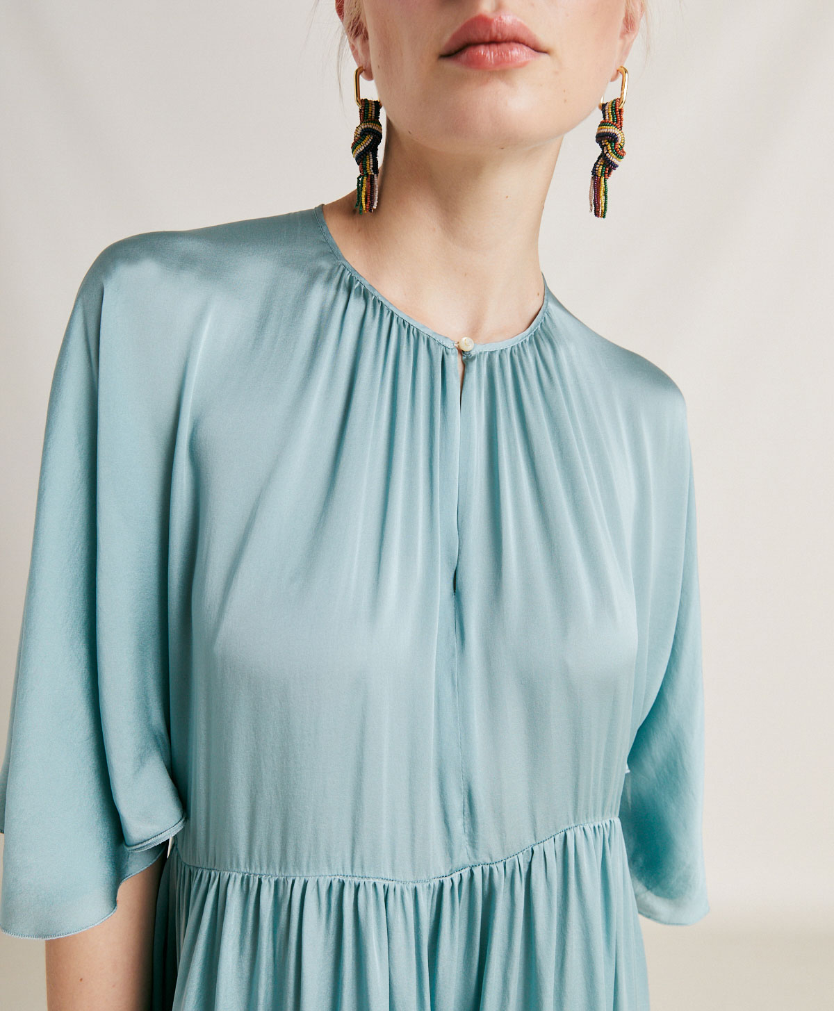 GINEVRA DRESS IN PLAIN SILK - CERULEAN - Momonì