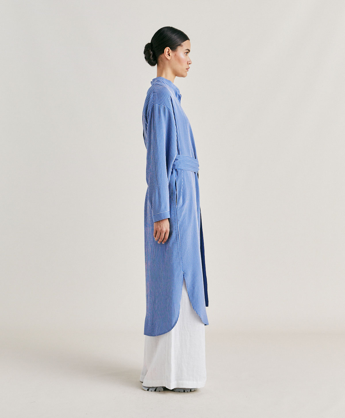 ZAIRA DRESS IN MULTI STRIPED VISCOSE SILK - LIGHT BLUE/CREAM - Momonì