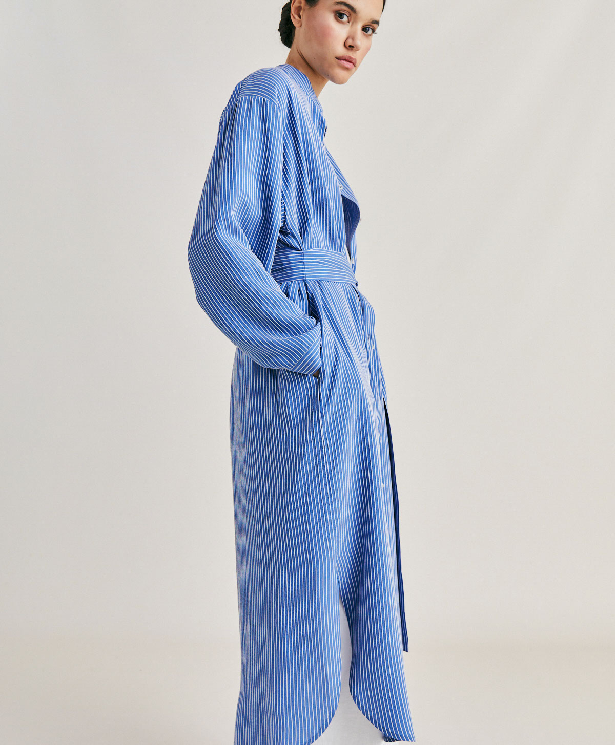 ZAIRA DRESS IN MULTI STRIPED VISCOSE SILK - LIGHT BLUE/CREAM - Momonì