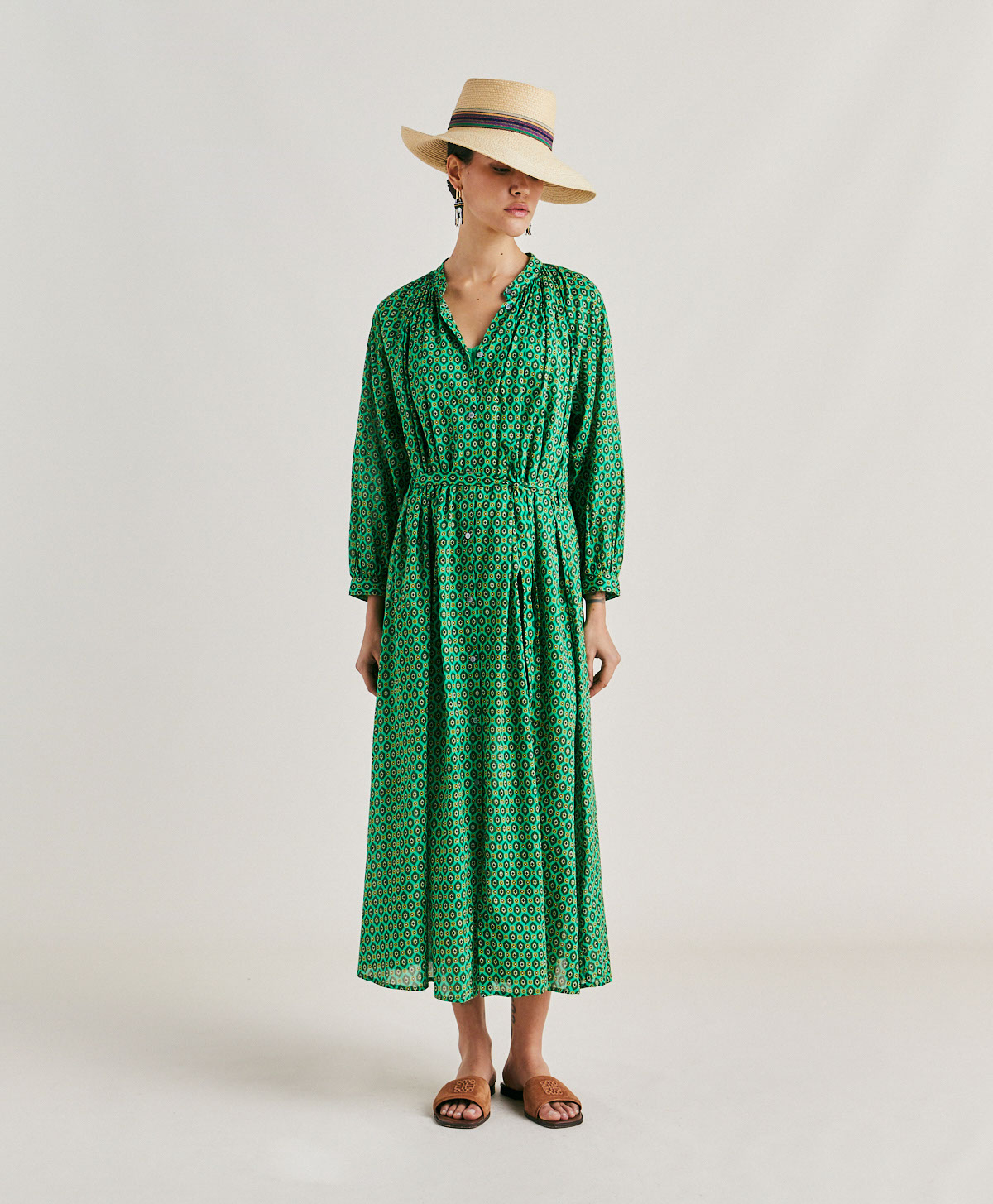 GOA DRESS IN PRINTED COTTON VOILE - EMERALD GREEN - Momonì