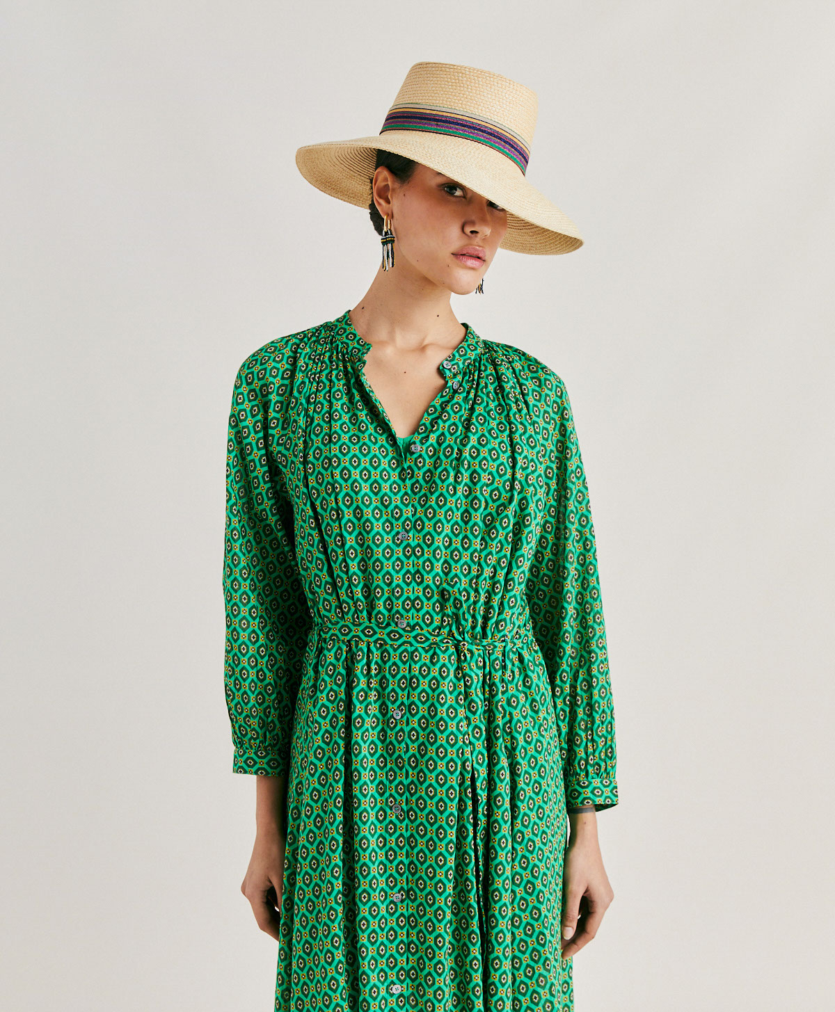 GOA DRESS IN PRINTED COTTON VOILE - EMERALD GREEN - Momonì