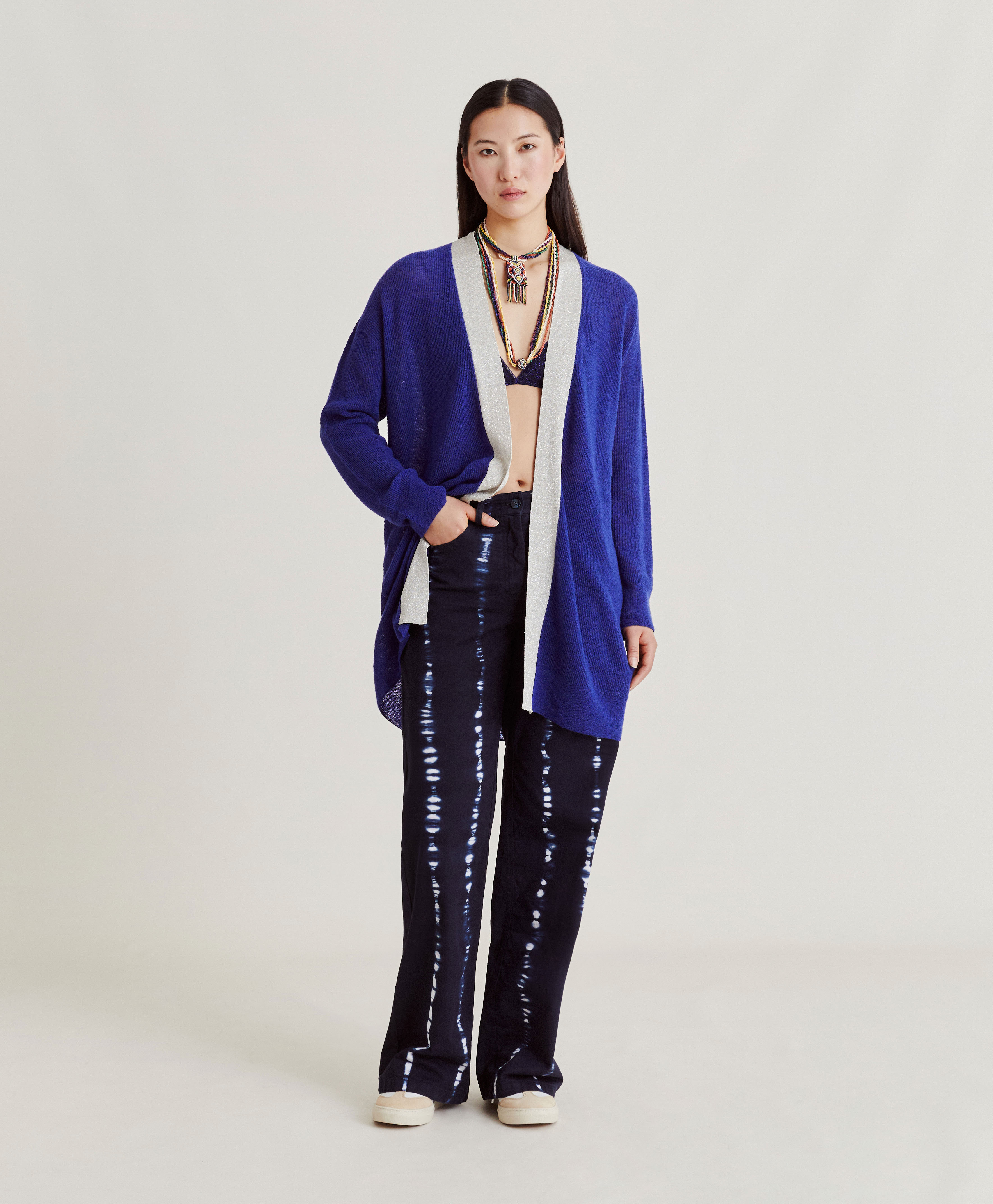 FLOSSY CARDIGAN  RIBBED WITH LUREX DETAILS - BLUE - Momonì