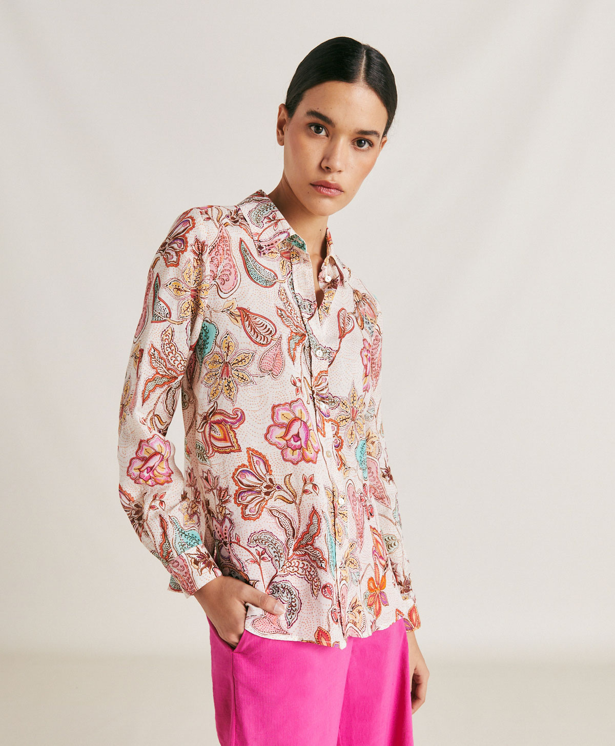 CAMICIA ESTRETA IN VISCOSA LINO - ROSA MULTICOLOR - Momonì