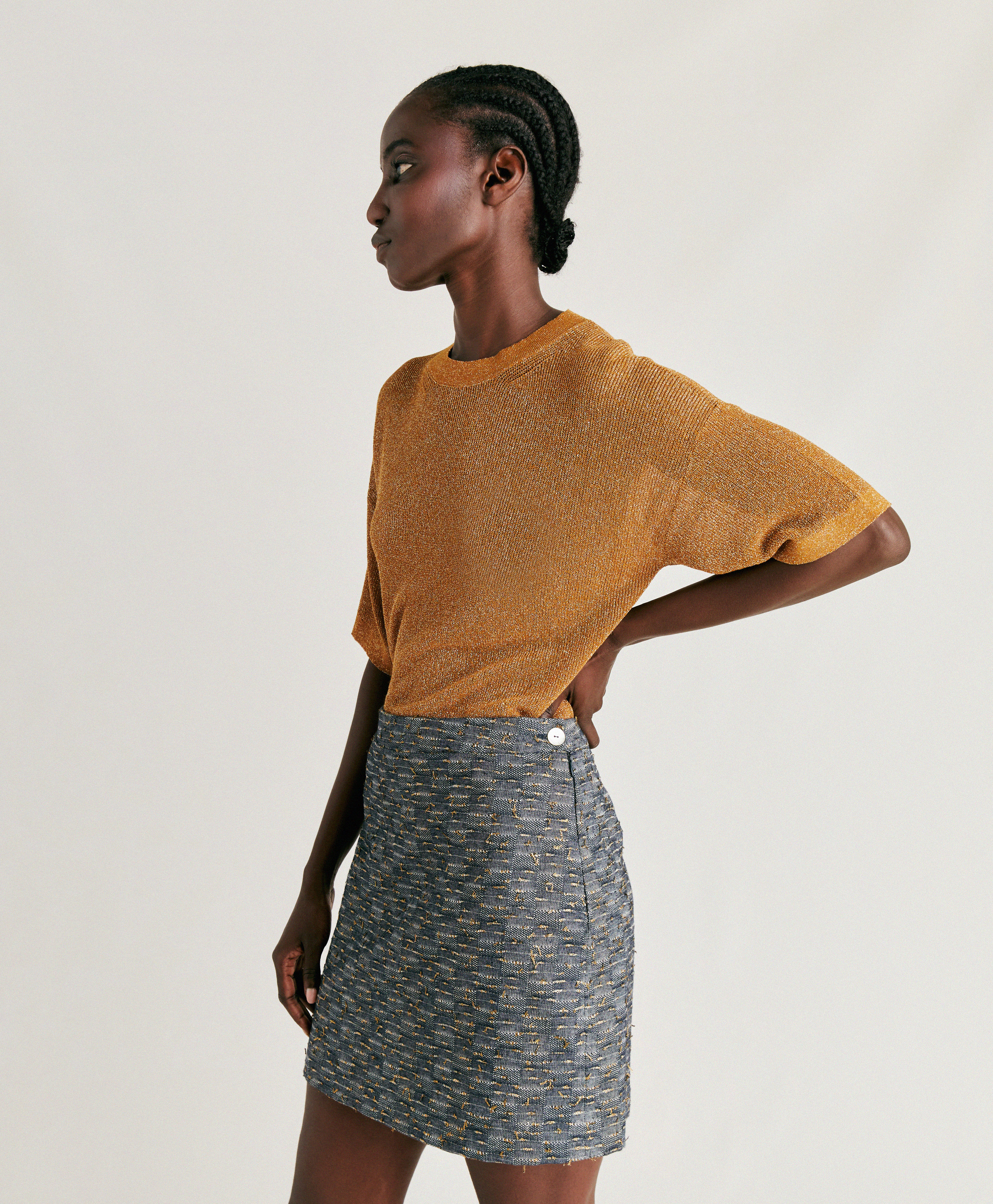 SIRENE SKIRT IN BASKETWEAVE WITH GOLD FIL COUPÉ - BLUE/GOLD - Momonì