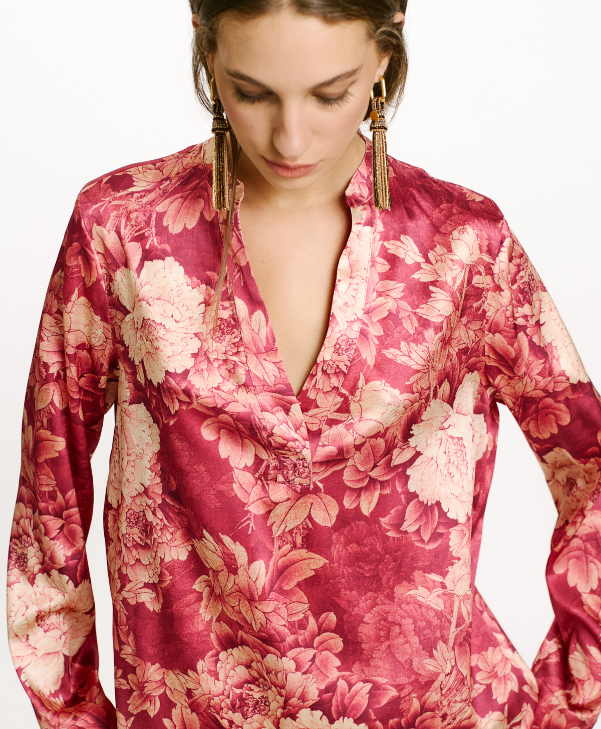 ATLANTA BLOUSE IN PRINTED STRETCH SATIN - FUCHSIA/CREAM - Momonì