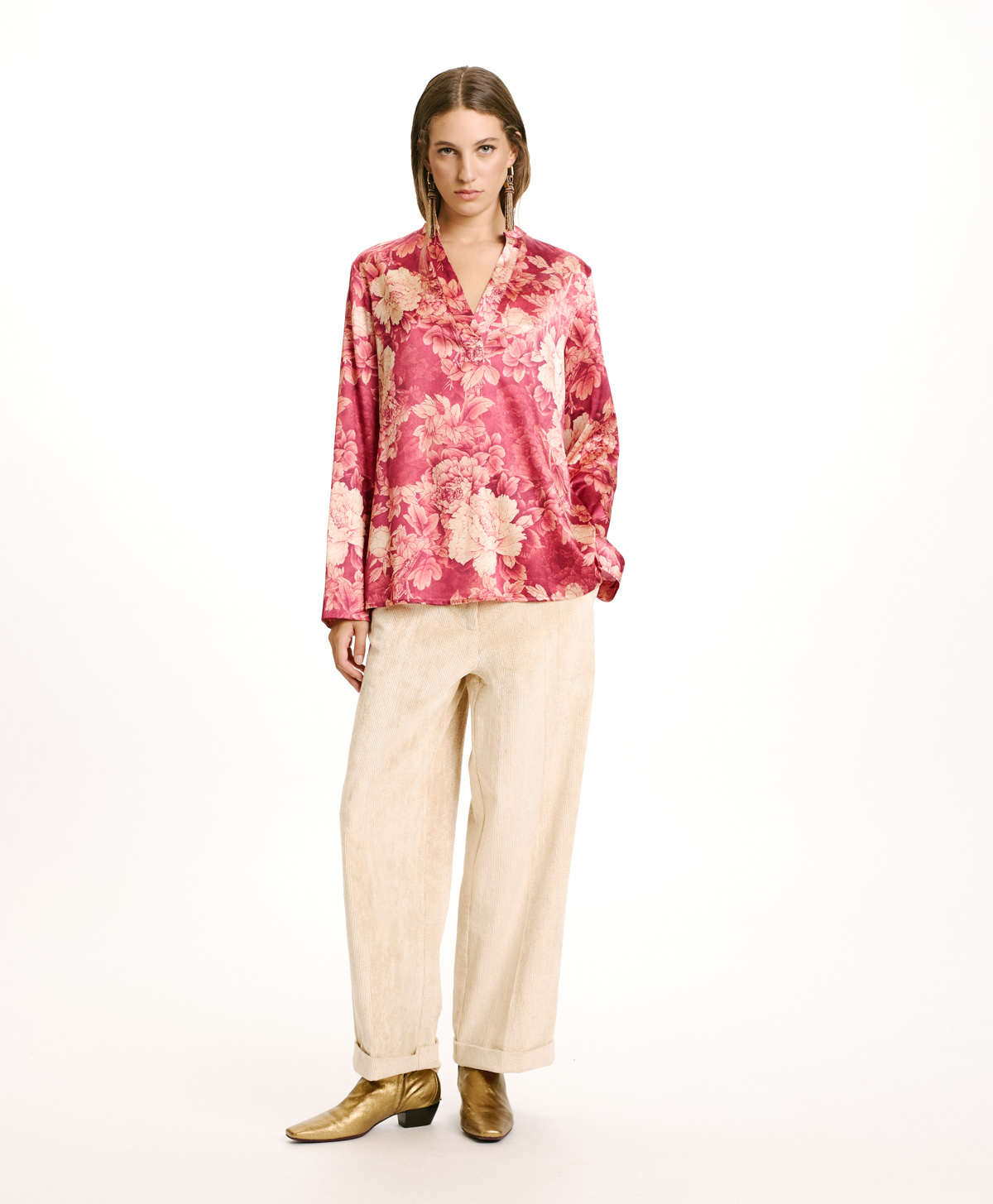 ATLANTA BLOUSE IN PRINTED STRETCH SATIN - FUCHSIA/CREAM - Momonì