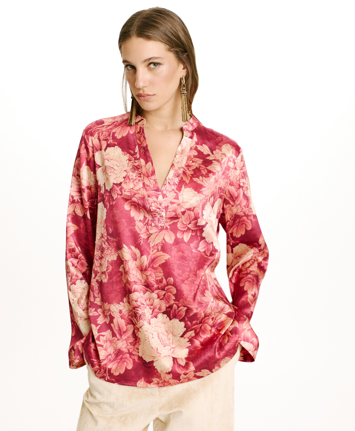 BLUSA ATLANTA IN RASO STRETCH STAMPATO-FUCSIA/CREMA - Momonì