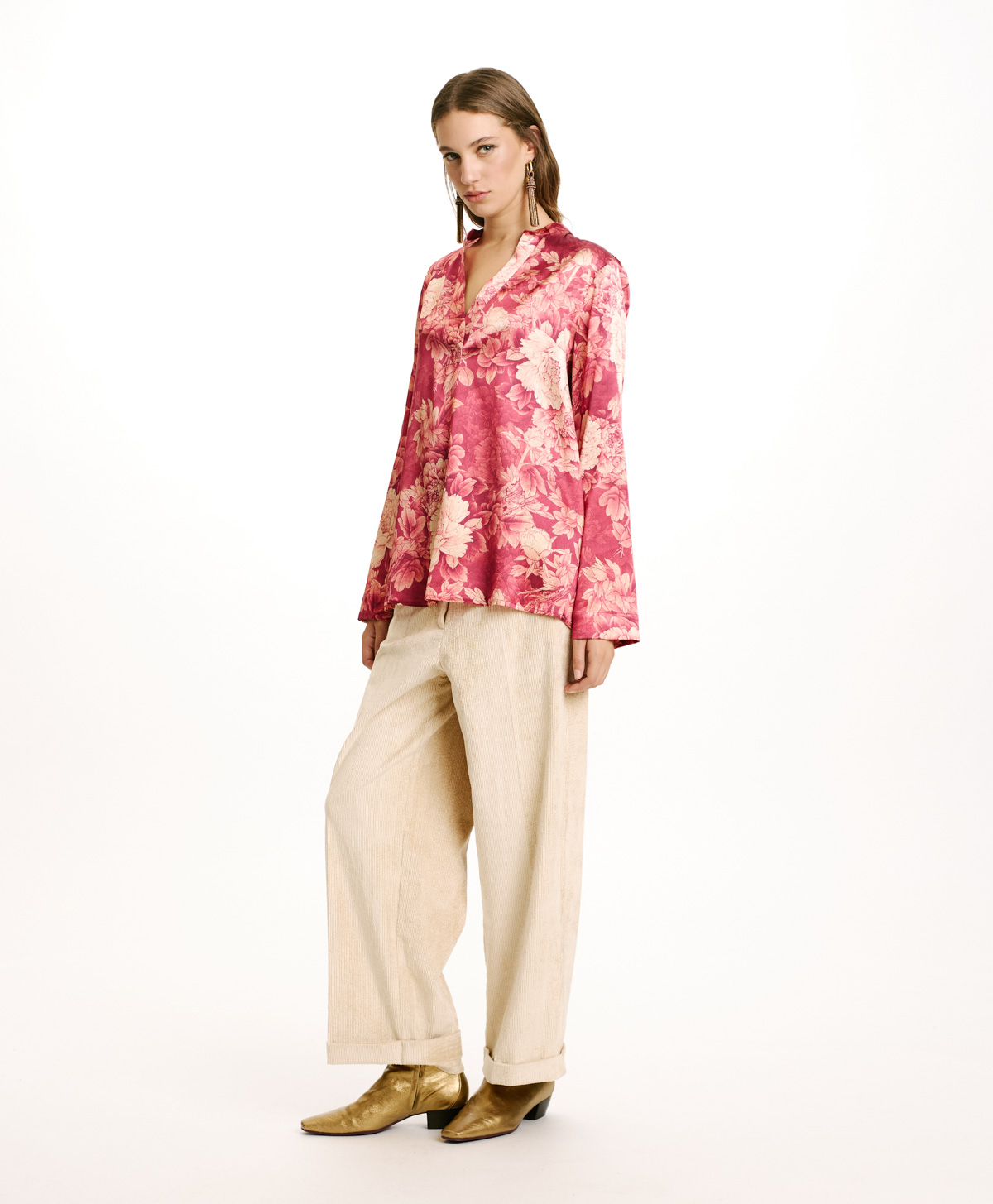 ATLANTA BLOUSE IN PRINTED STRETCH SATIN - FUCHSIA/CREAM - Momonì