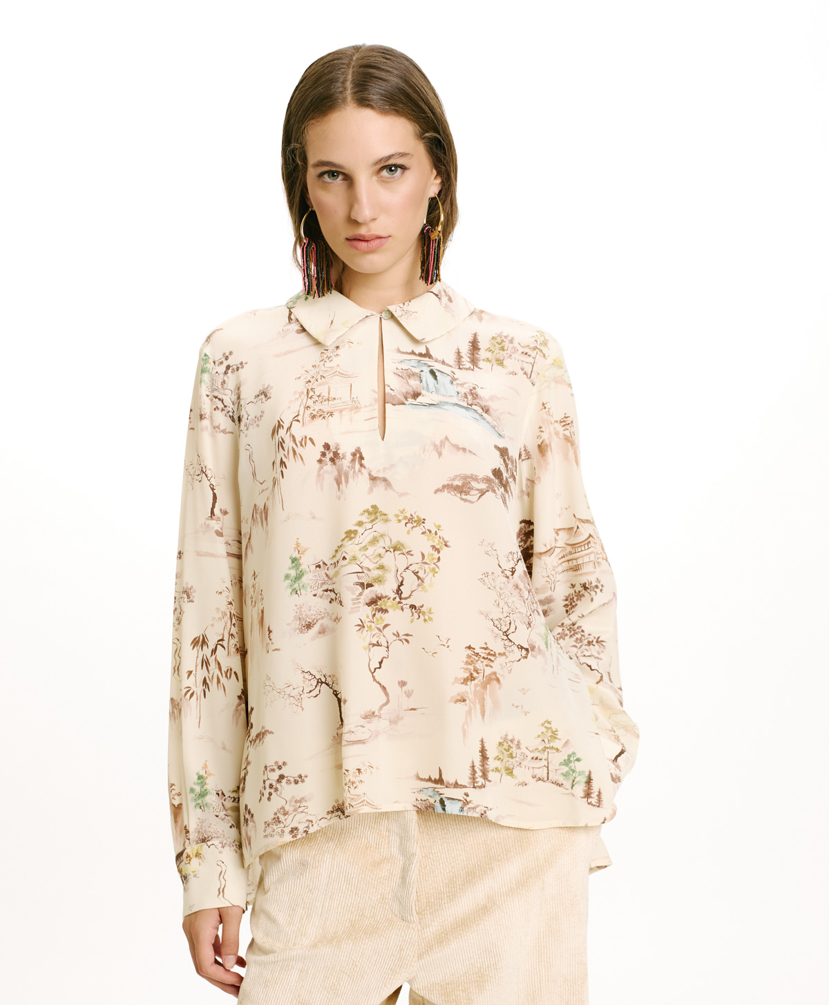 SACHI BLOUSE IN PRINTED CREPE DE CHINE - CREAM/TOBACCO - Momonì