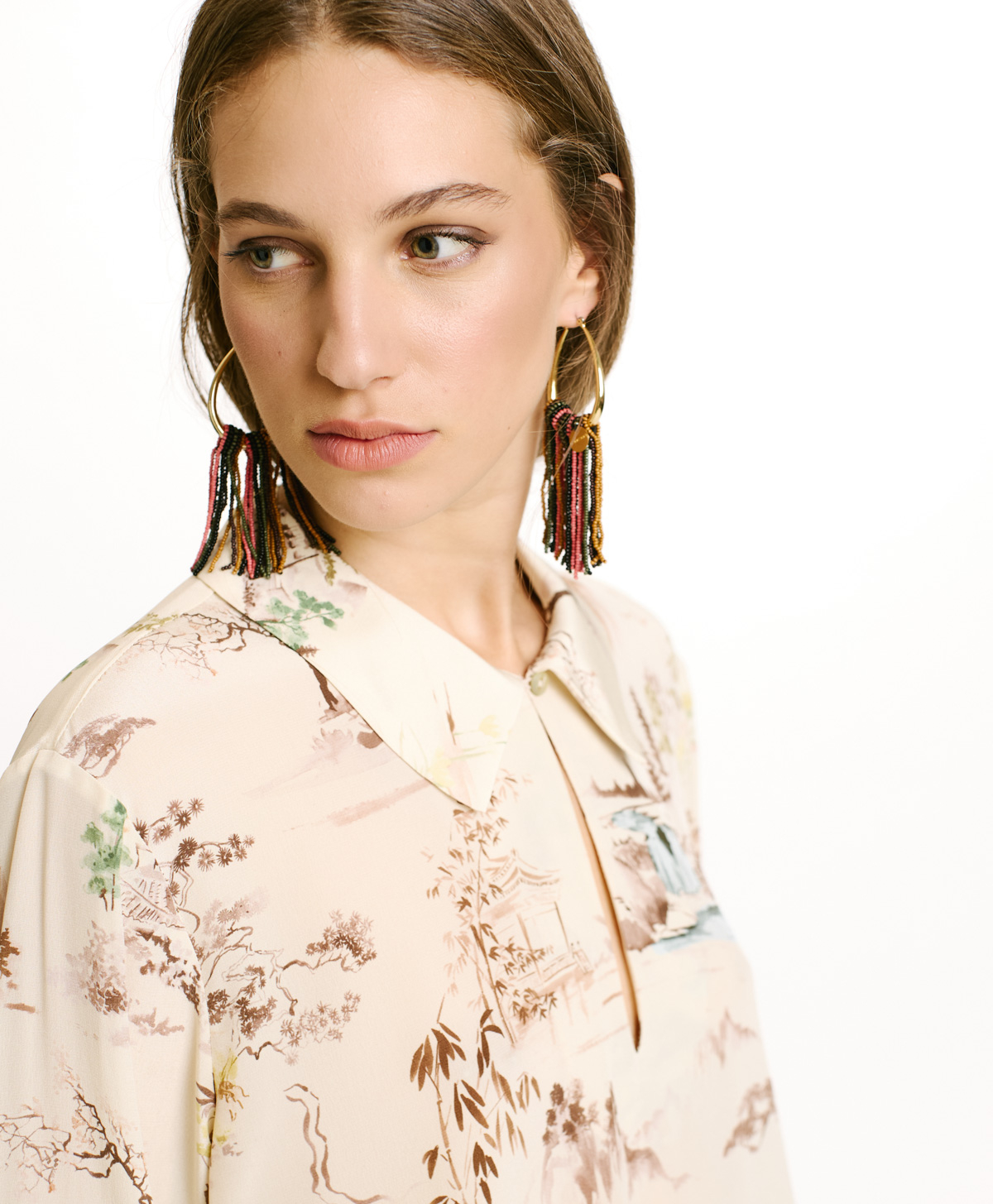 SACHI BLOUSE IN PRINTED CREPE DE CHINE - CREAM/TOBACCO - Momonì