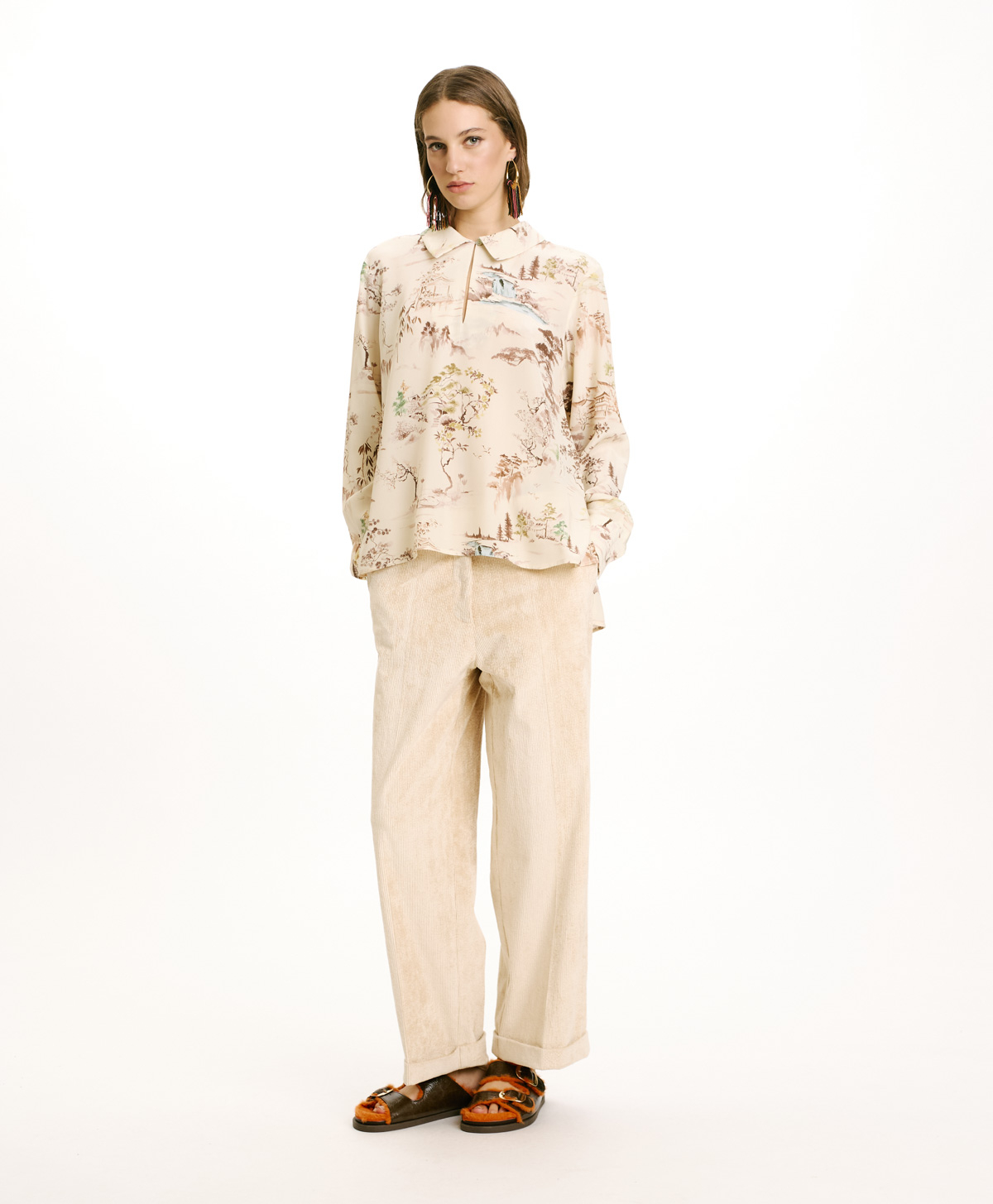 SACHI BLOUSE IN PRINTED CREPE DE CHINE - CREAM/TOBACCO - Momonì