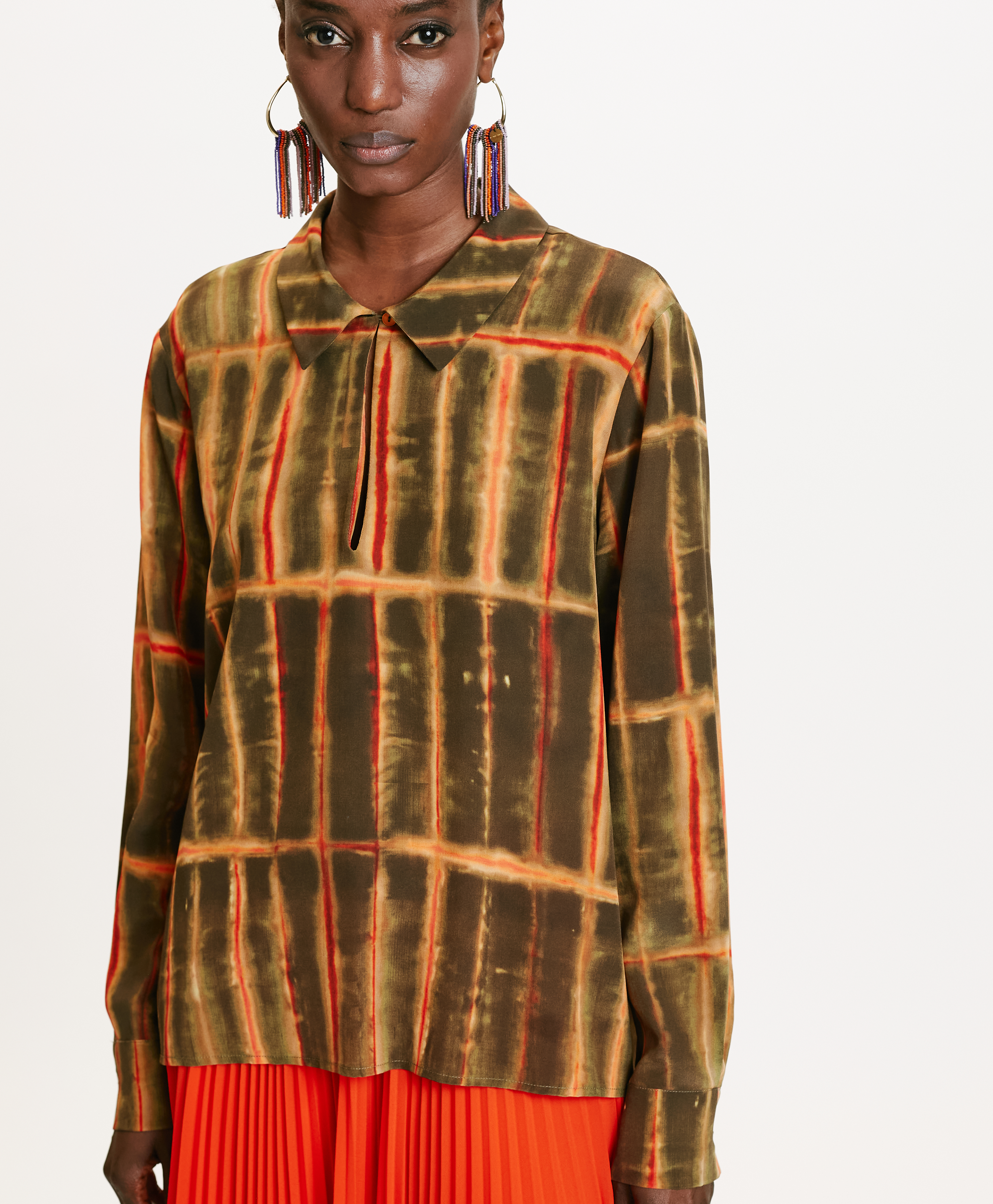 SACHI BLOUSE IN PRINTED CREPE DE CHINE - KAHKI/ORANGE - Momonì