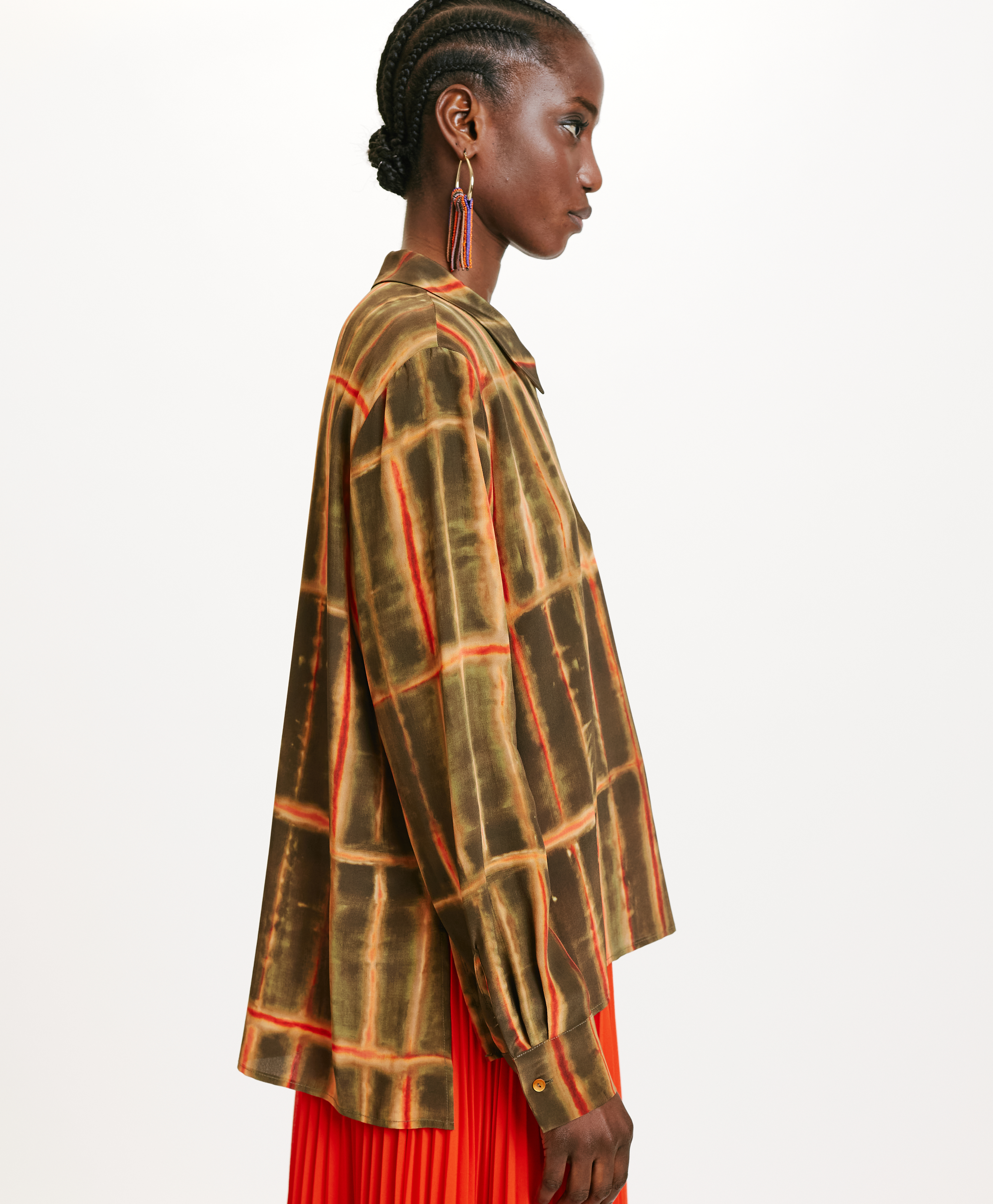 SACHI BLOUSE IN PRINTED CREPE DE CHINE - KAHKI/ORANGE - Momonì