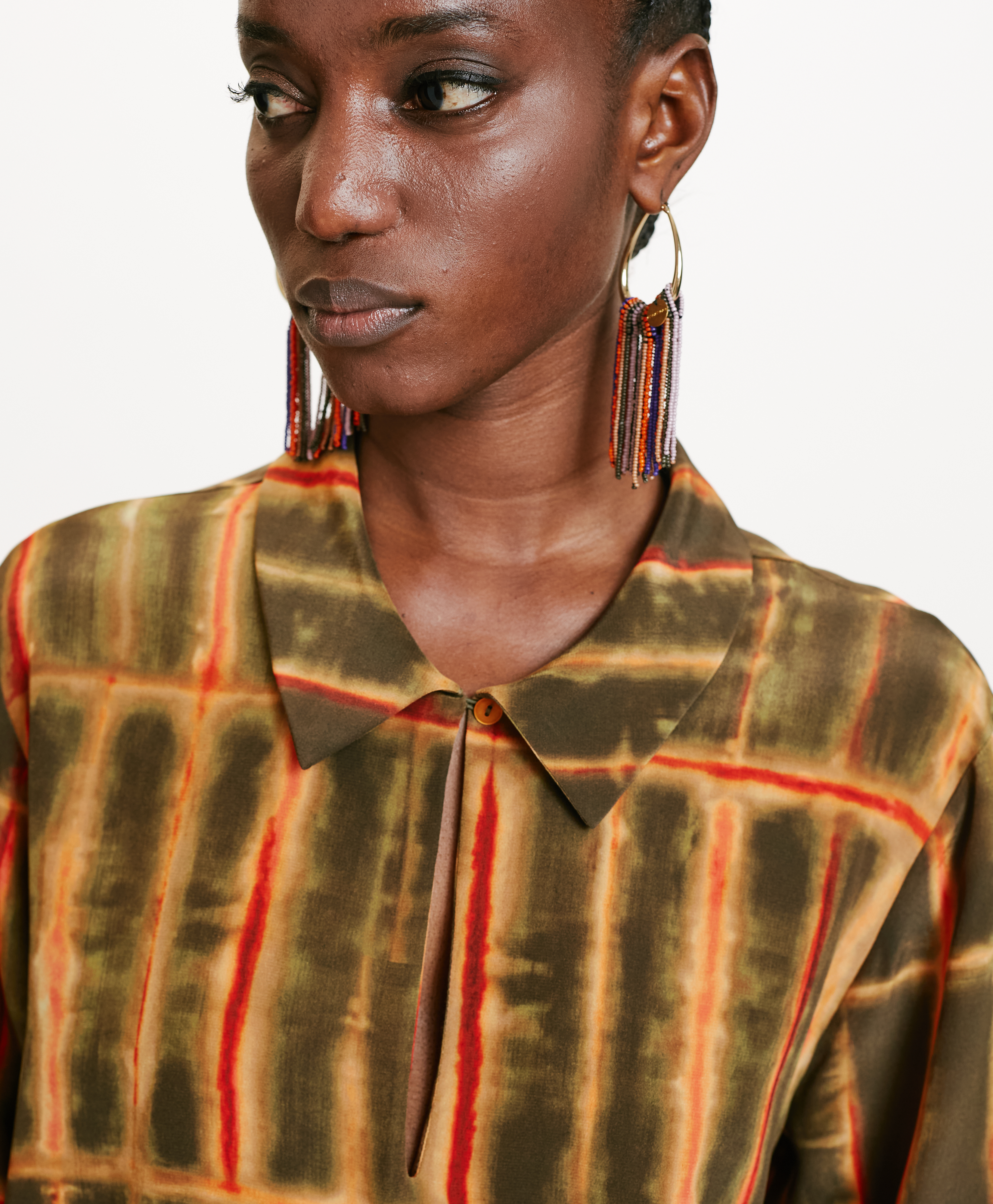 SACHI BLOUSE IN PRINTED CREPE DE CHINE - KAHKI/ORANGE - Momonì