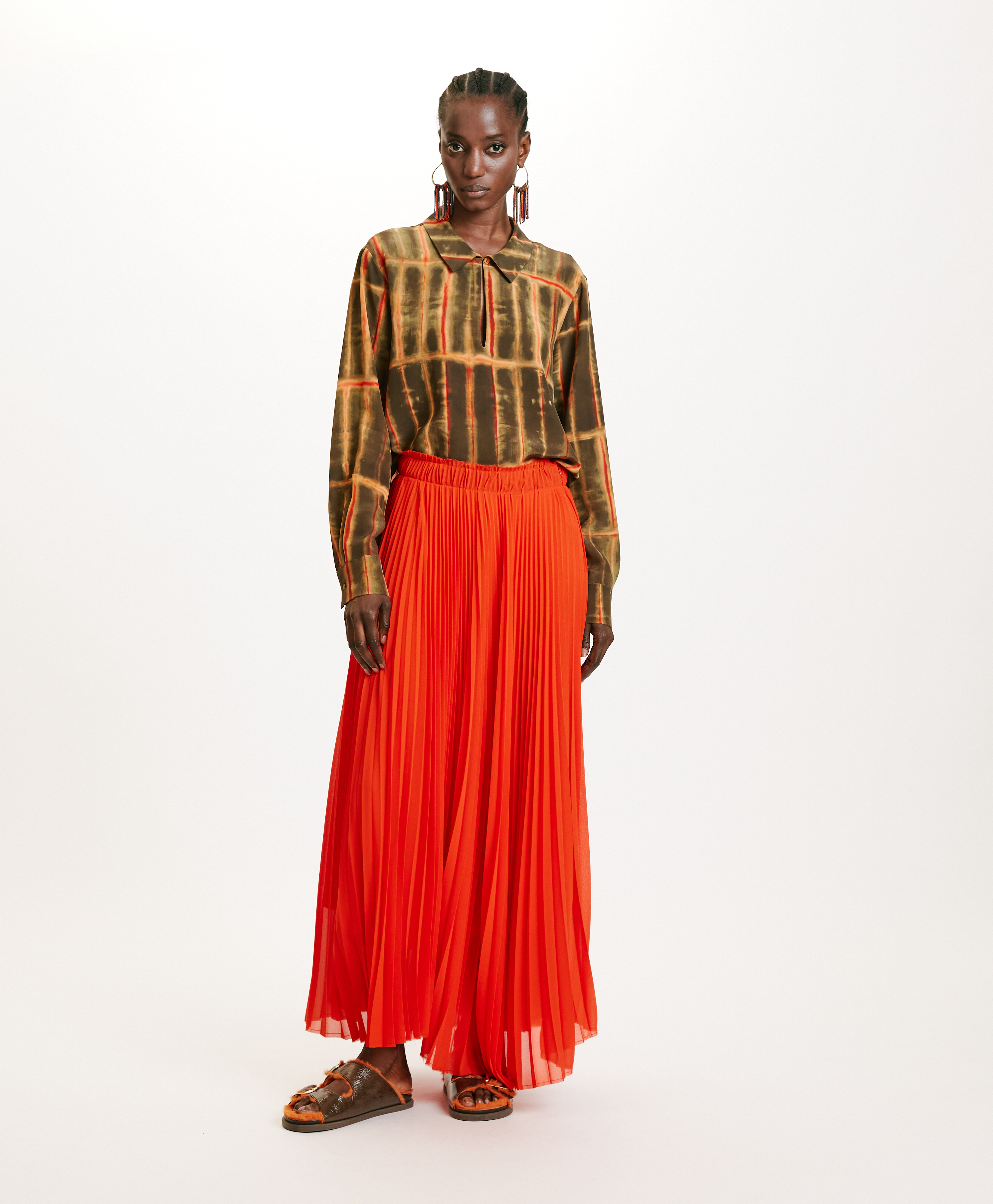 SACHI BLOUSE IN PRINTED CREPE DE CHINE - KAHKI/ORANGE - Momonì