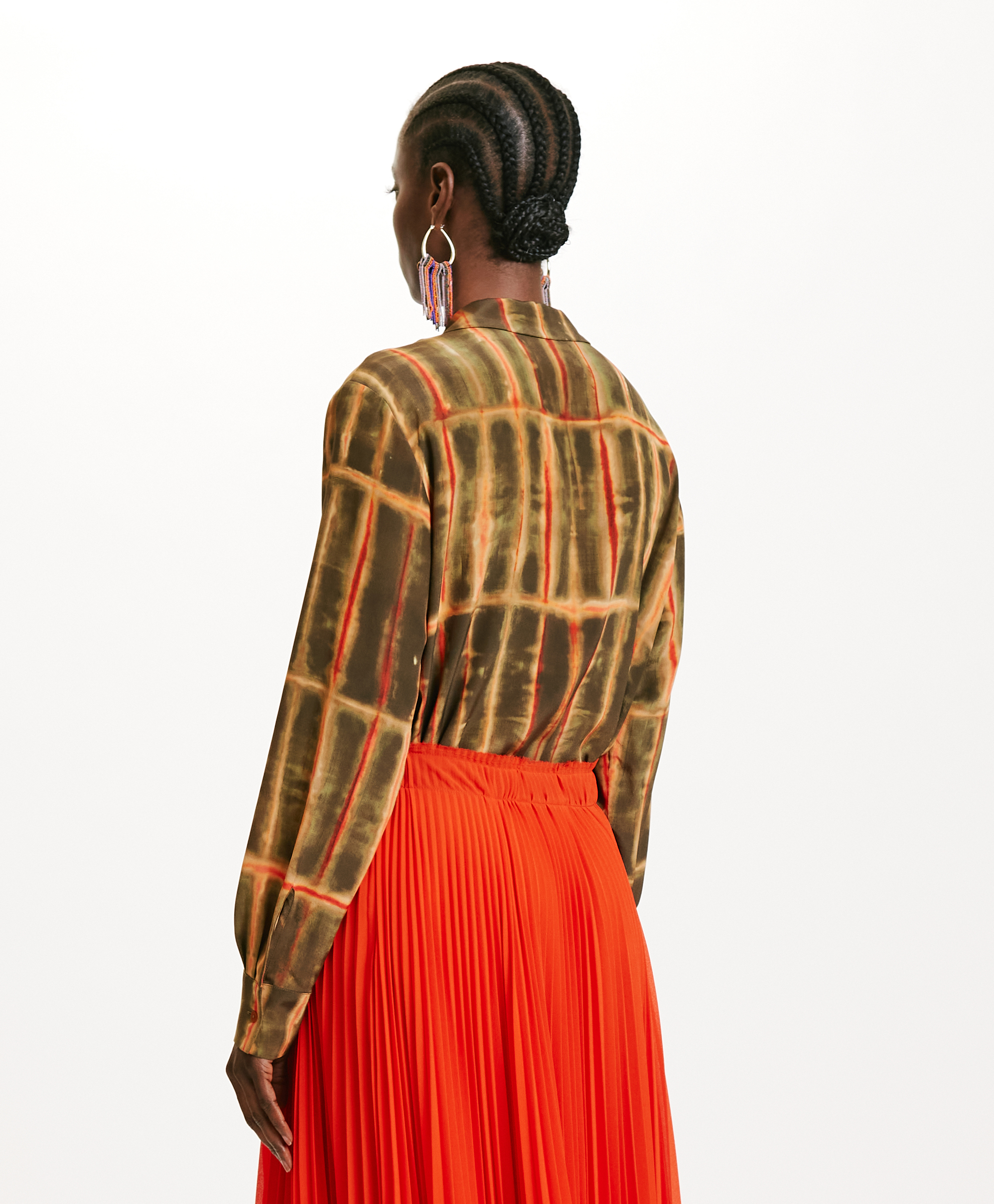 SACHI BLOUSE IN PRINTED CREPE DE CHINE - KAHKI/ORANGE - Momonì