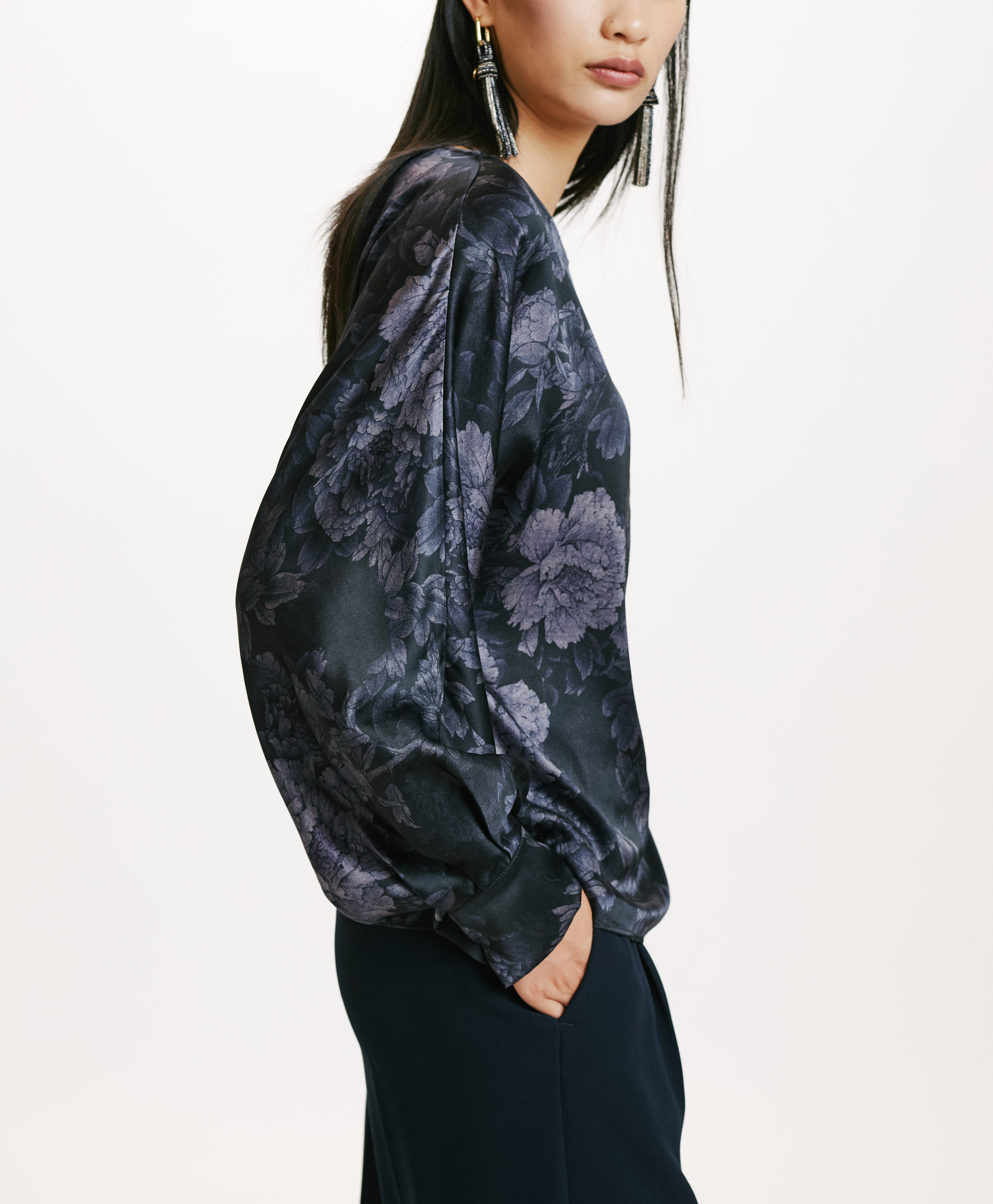 SAGI BLOUSE IN PRINTED STRETCH SATIN - BLUE/BLU NIGHT - Momonì