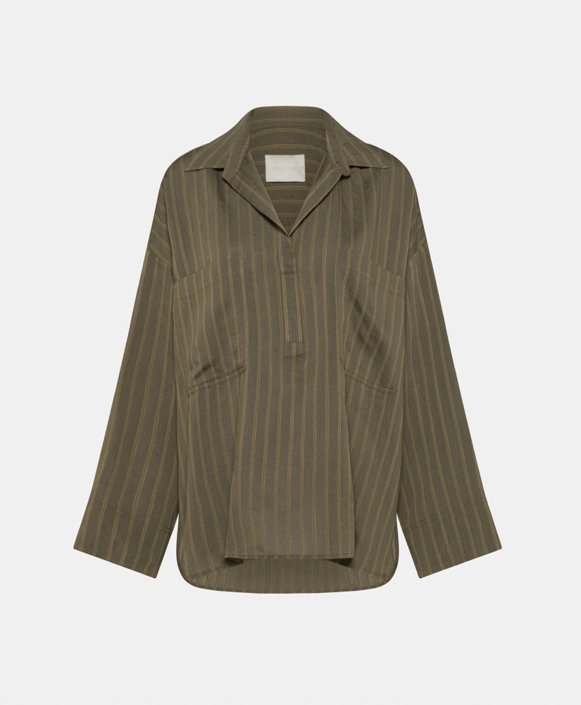 TOWADA BLOUSE IN CHALKSTRIPE POPLIN - ARMY/MUSTARD - Momonì