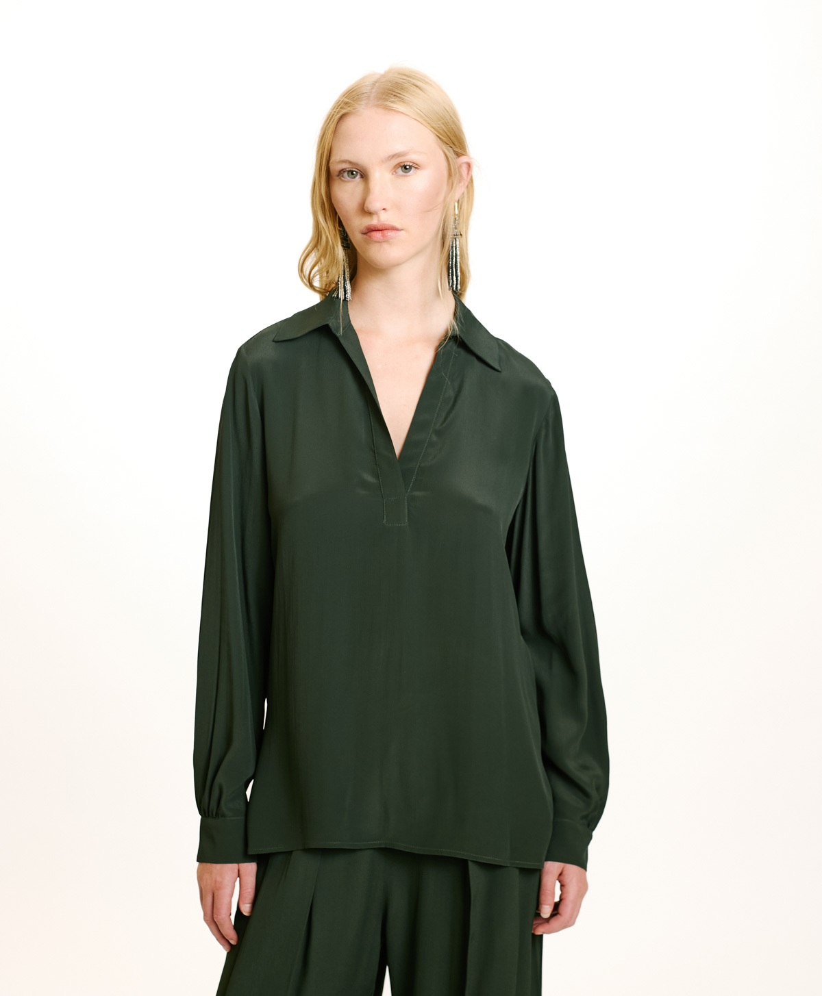 SUE BLOUSE IN SOLID COLOUR ACETATE/SILK - FOREST - Momonì