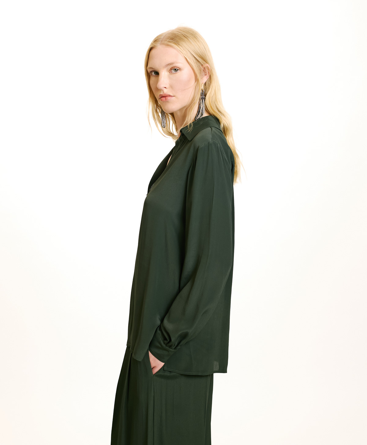 SUE BLOUSE IN SOLID COLOUR ACETATE/SILK - FOREST - Momonì