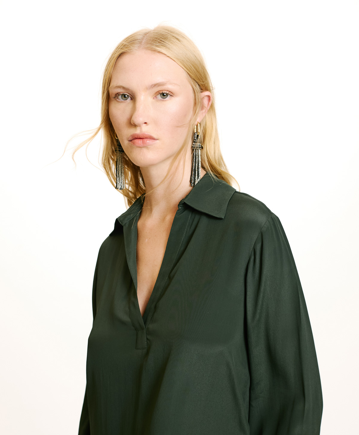 BLOUSE SUE EN ACÉTATE/SOIE UNI - FORÊT - Momonì