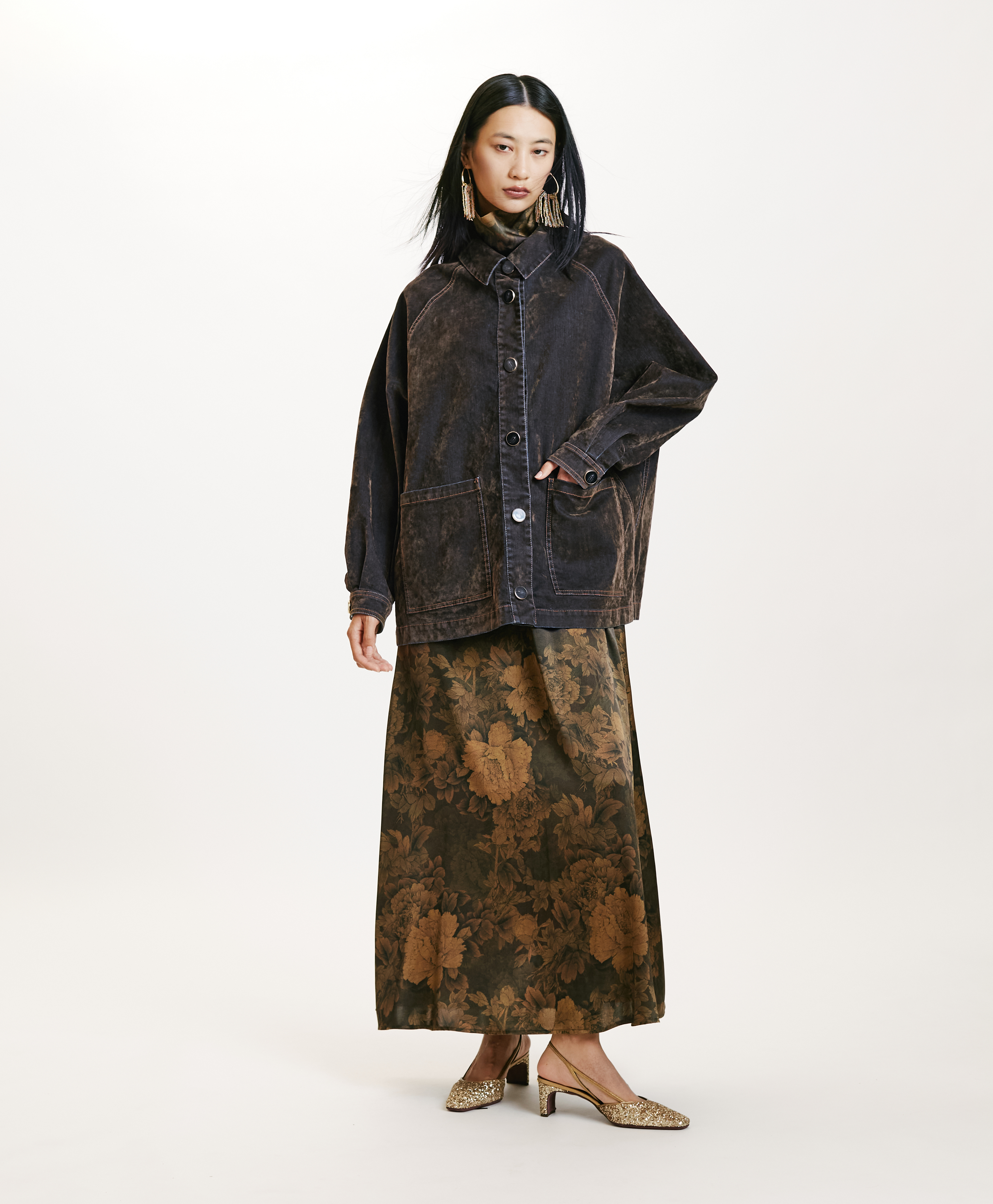 YAME' COAT IN FLOCKED DENIMK - MILITARY GREEN - Momonì