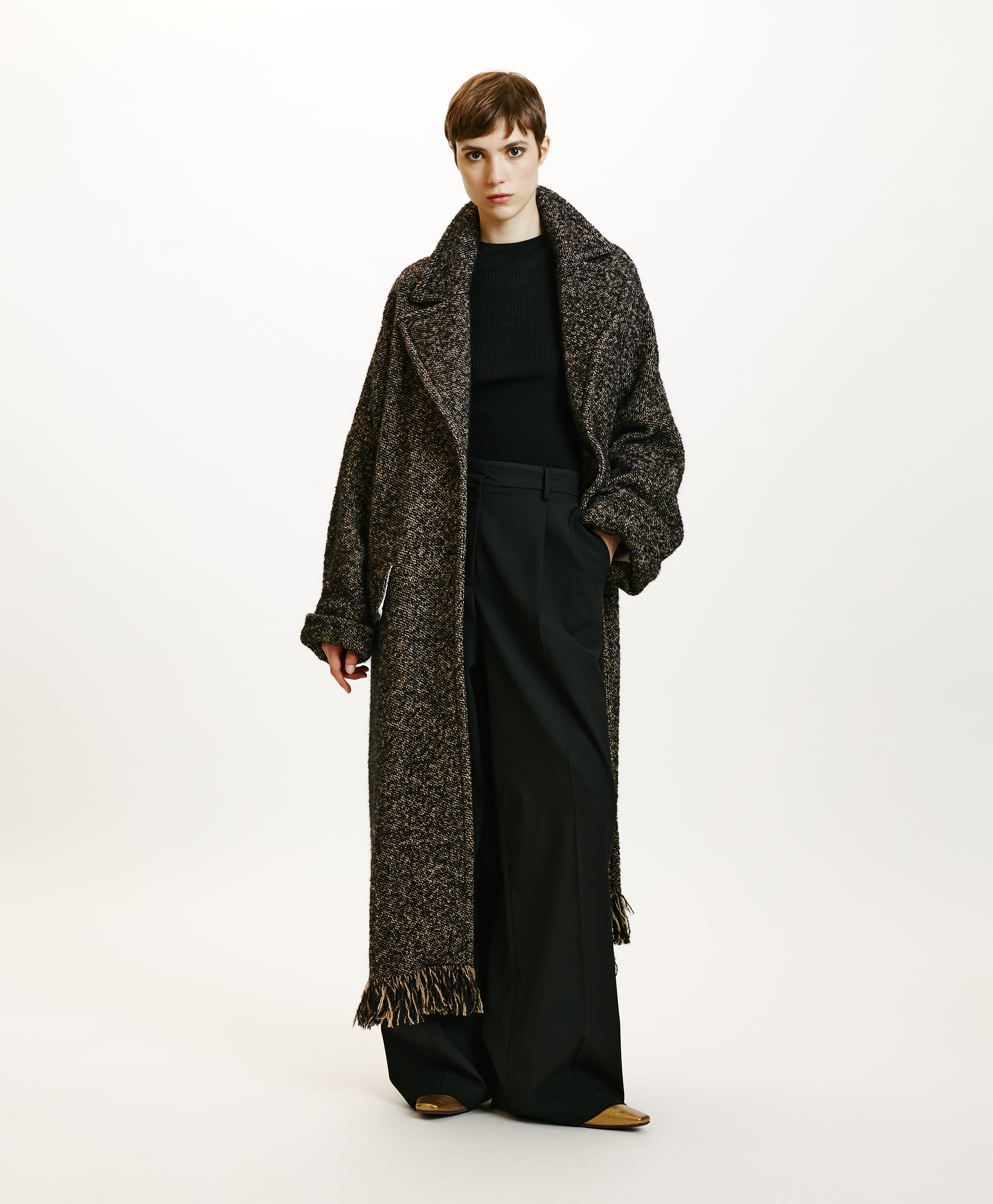 DORAYAKI FRINGED COAT IN WOOL/ALPACA - BLACK/ECRU - Momonì