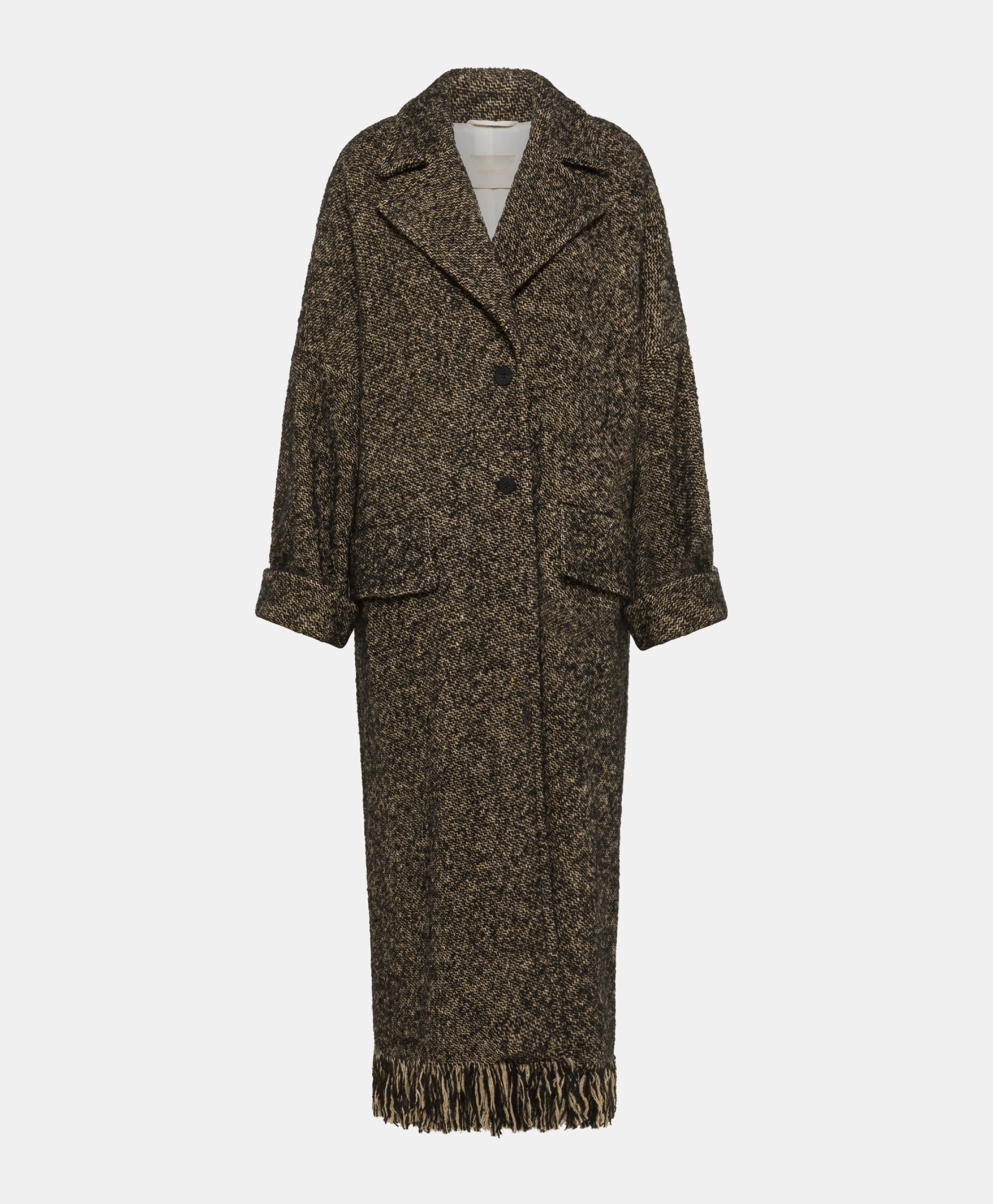 DORAYAKI FRINGED COAT IN WOOL/ALPACA - BLACK/ECRU - Momonì