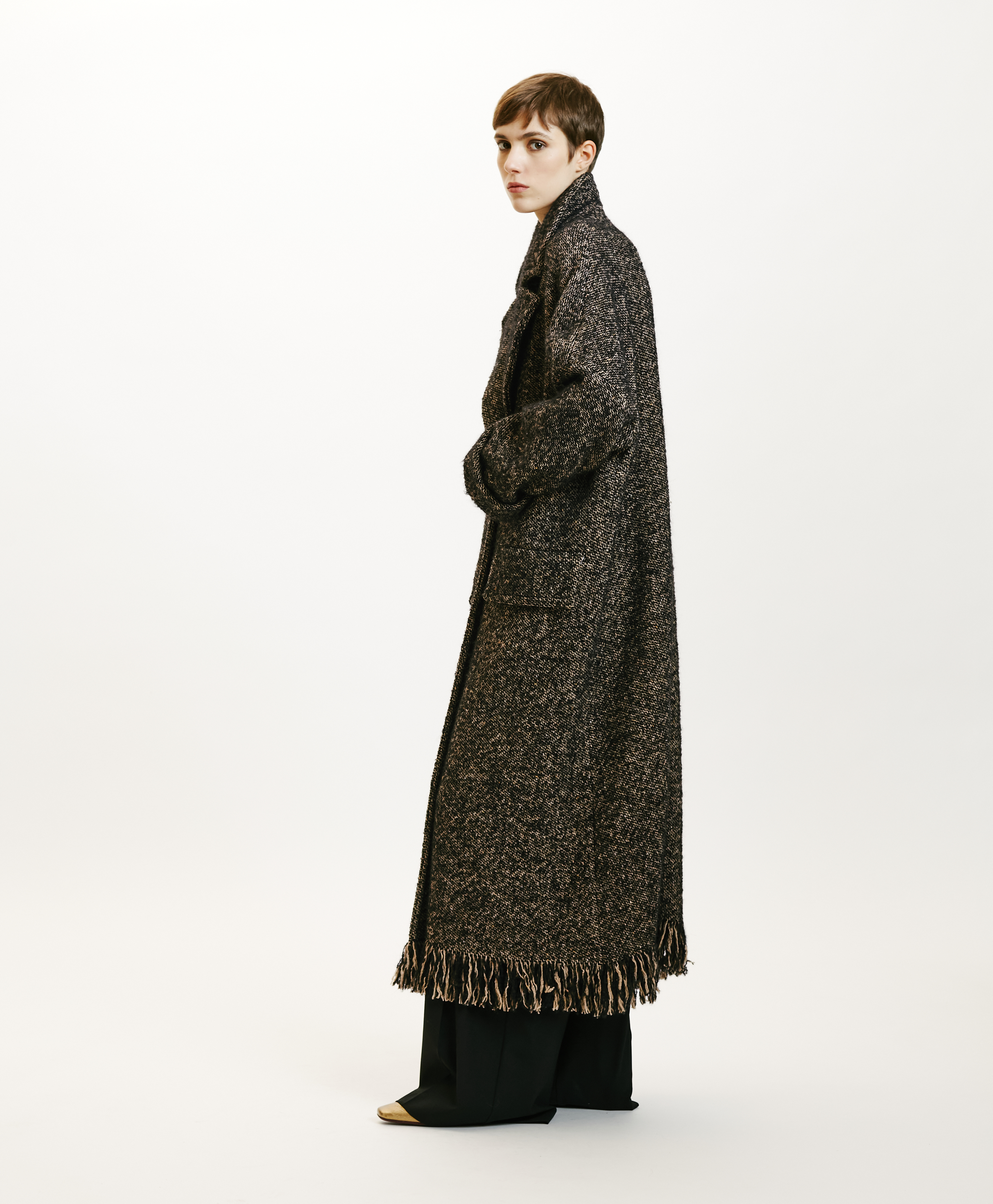 DORAYAKI FRINGED COAT IN WOOL/ALPACA - BLACK/ECRU - Momonì