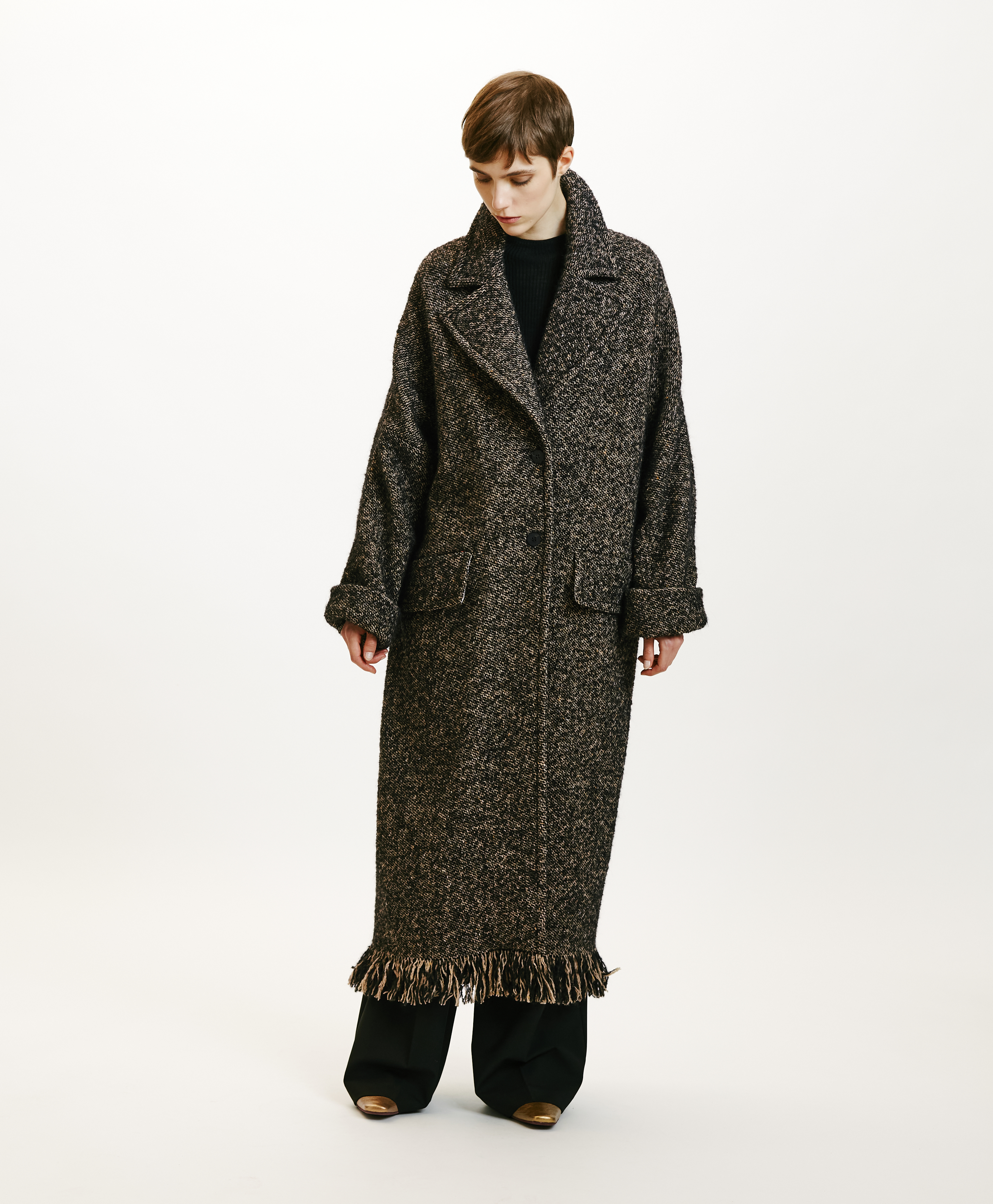 DORAYAKI FRINGED COAT IN WOOL/ALPACA - BLACK/ECRU - Momonì