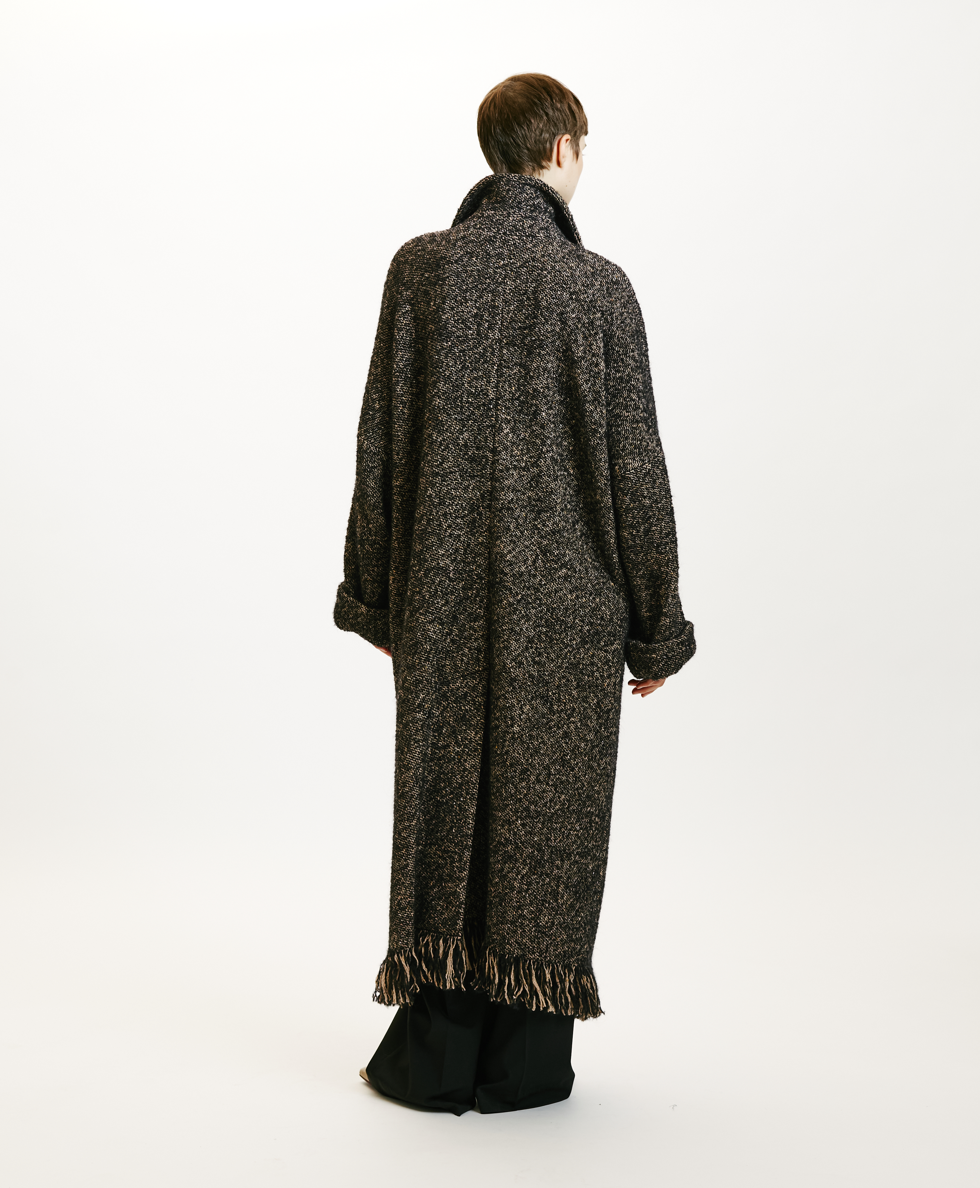 DORAYAKI FRINGED COAT IN WOOL/ALPACA - BLACK/ECRU - Momonì