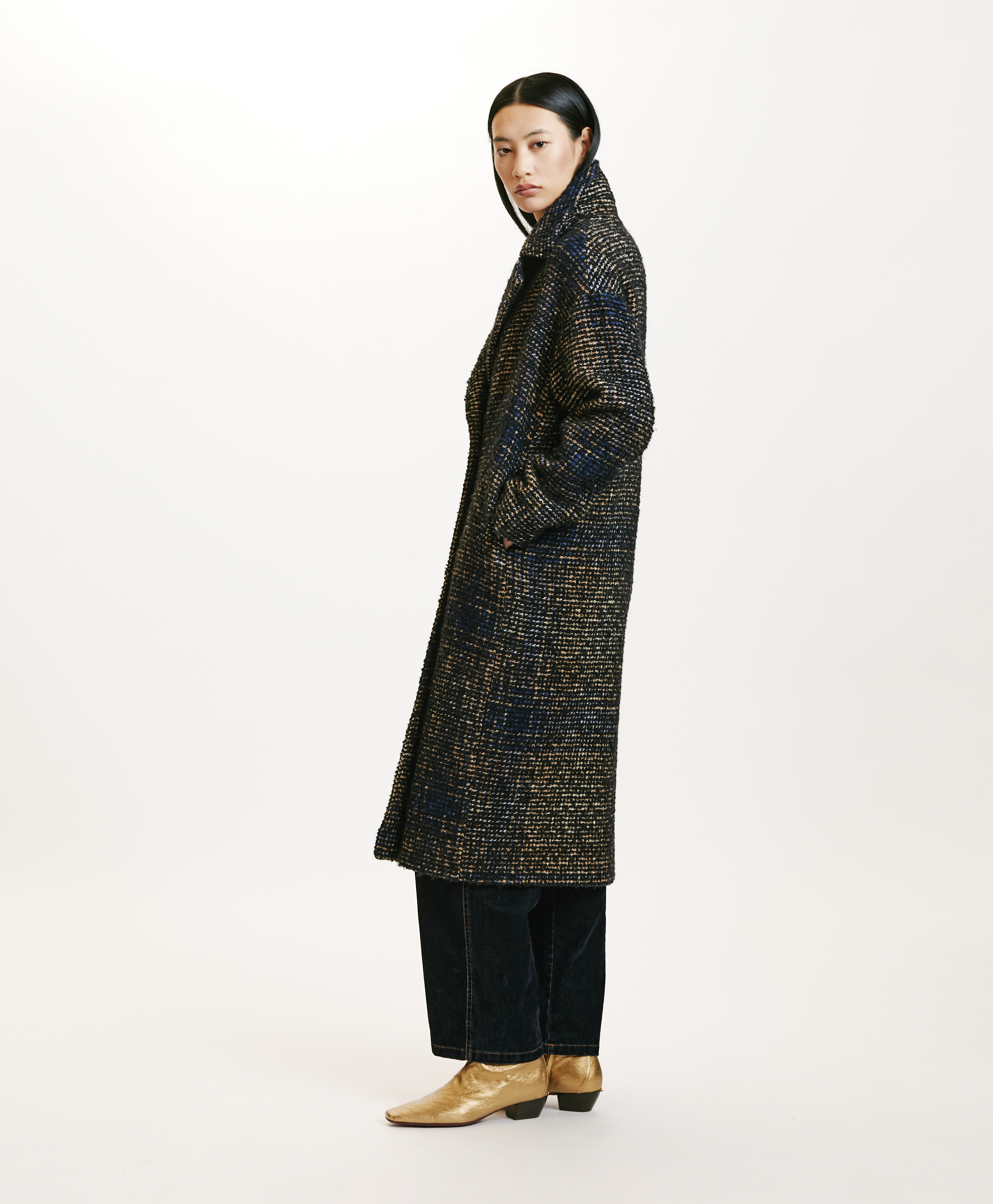 FONTAINEBLEAU COAT IN CHECK BOUCLE - BLACK/BLUE - Momonì