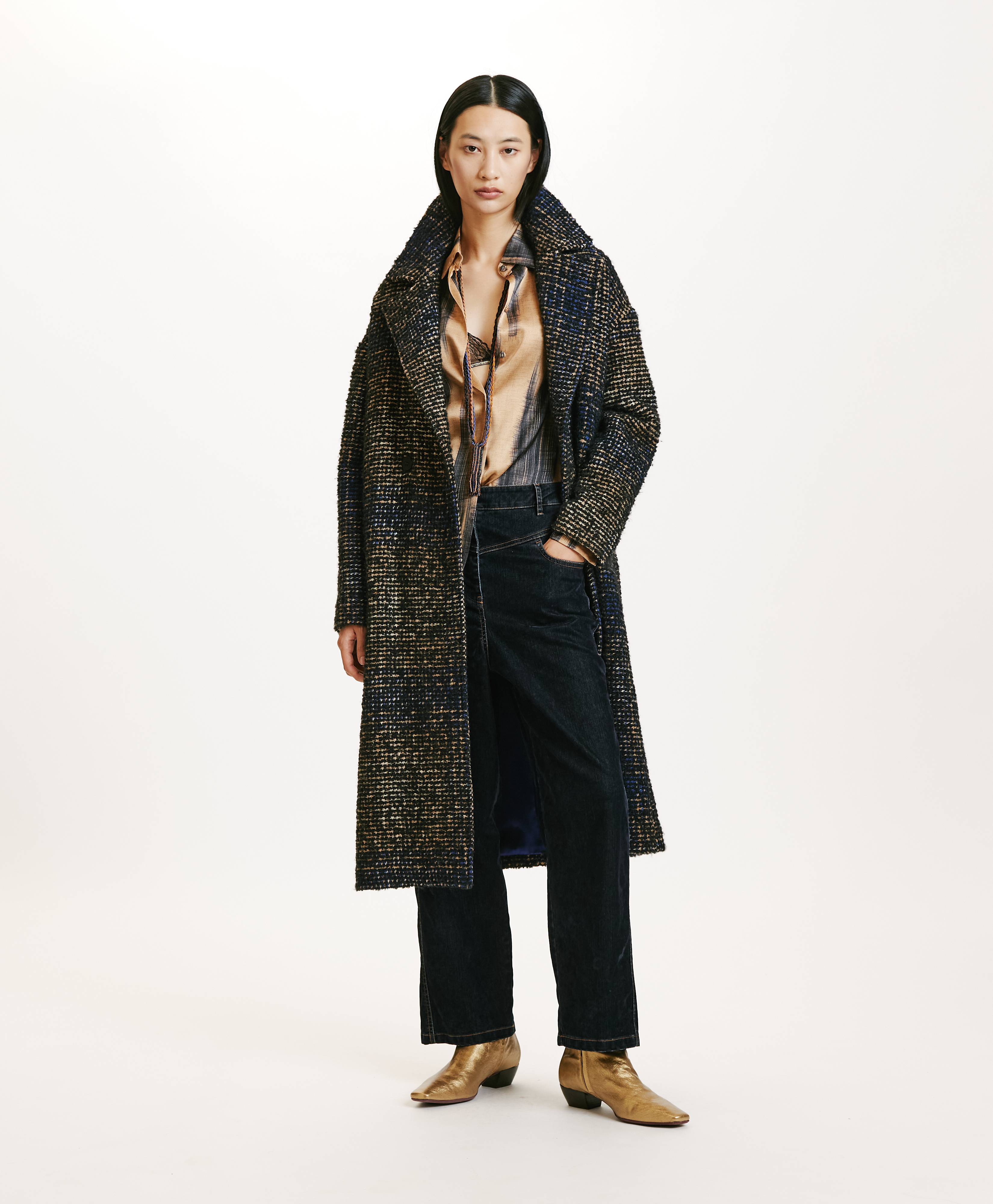 FONTAINEBLEAU COAT IN CHECK BOUCLE - BLACK/BLUE - Momonì