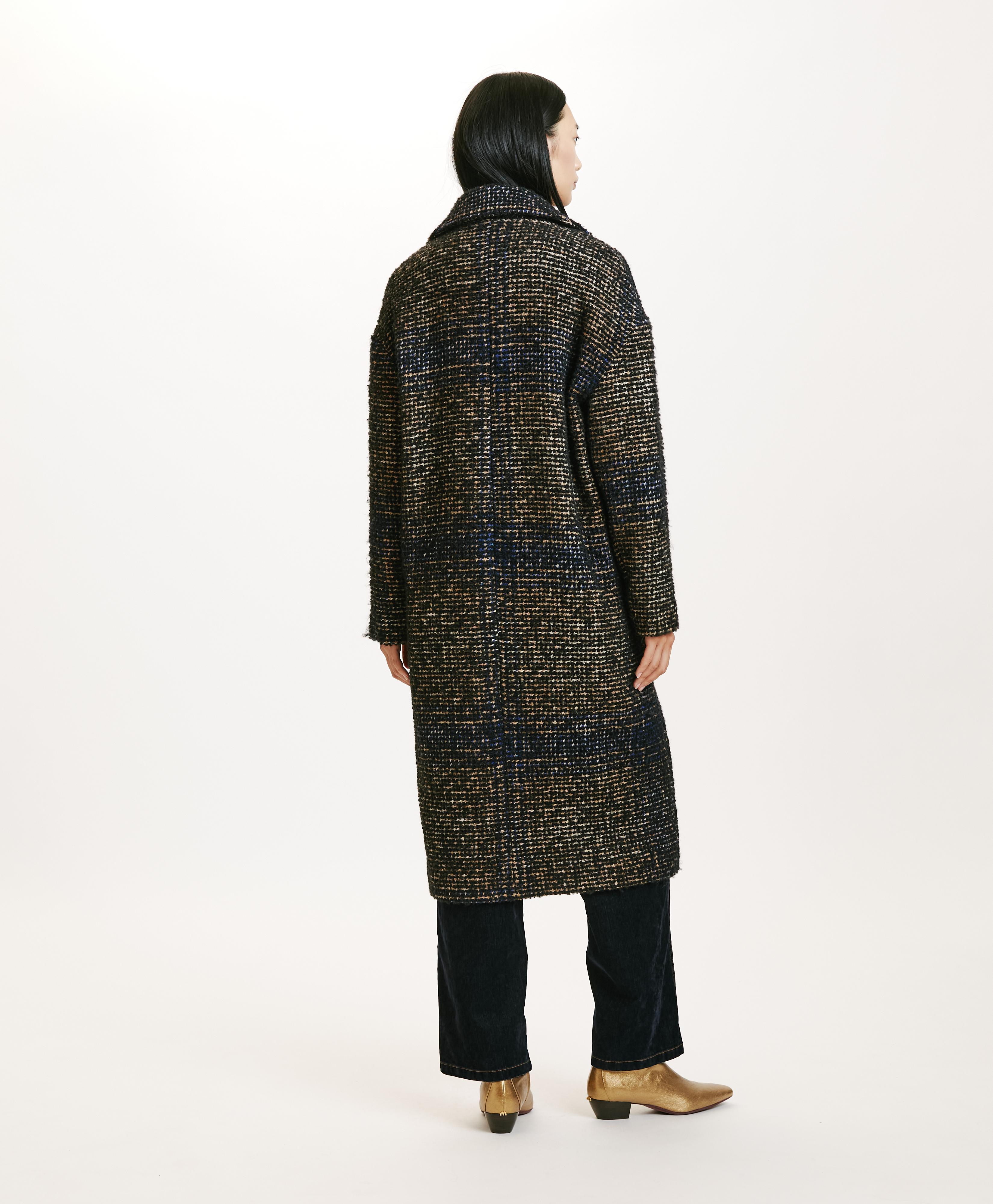 FONTAINEBLEAU COAT IN CHECK BOUCLE - BLACK/BLUE - Momonì