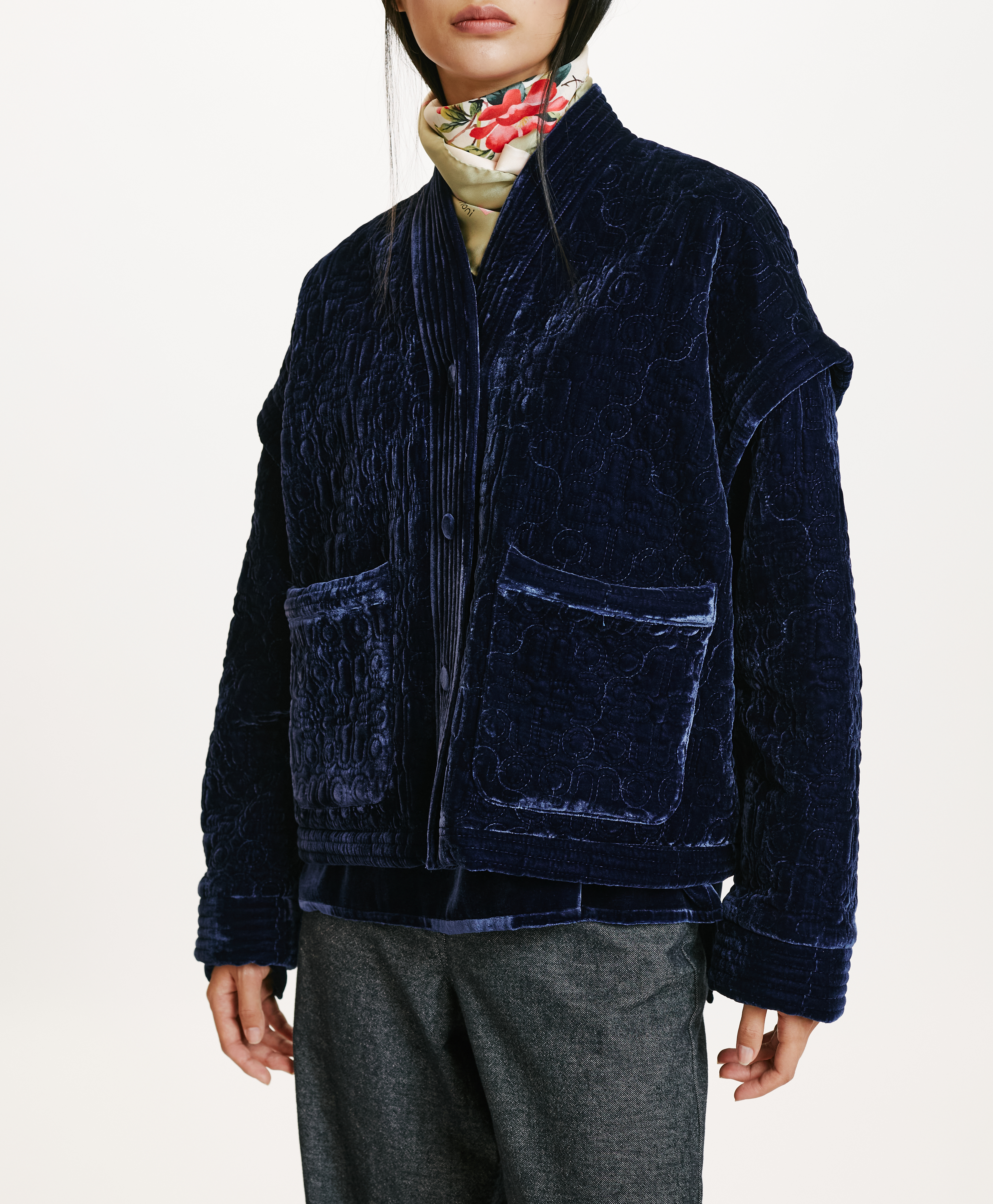 MANTEAU KUMA EN VELOURS MÉLANGE DE SOIE MATELASSÉ - INDIGO - Momonì