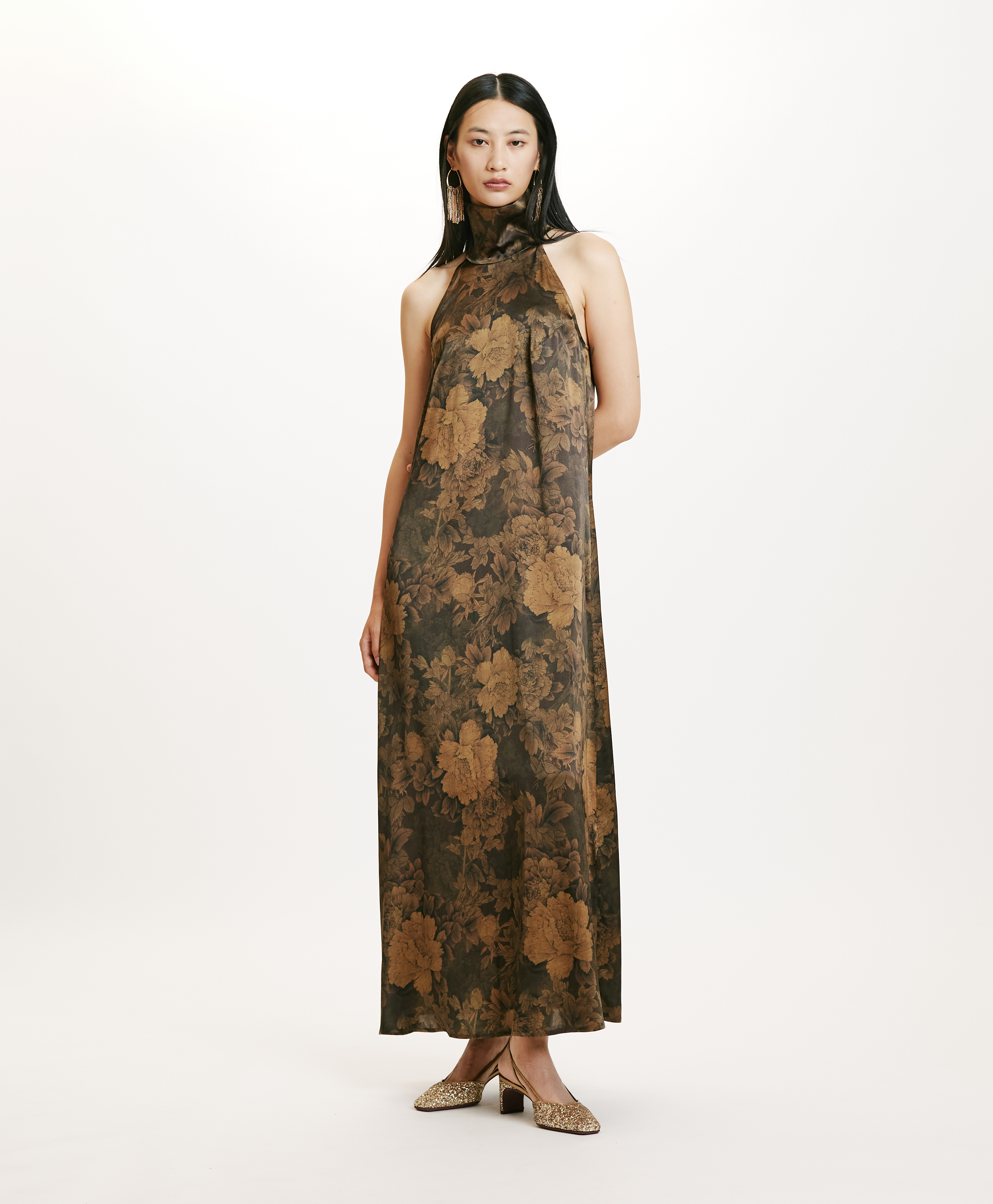 AKENO DRESS IN PRINTED STRETCH SATIN - BLACK/OLIVE - Momonì