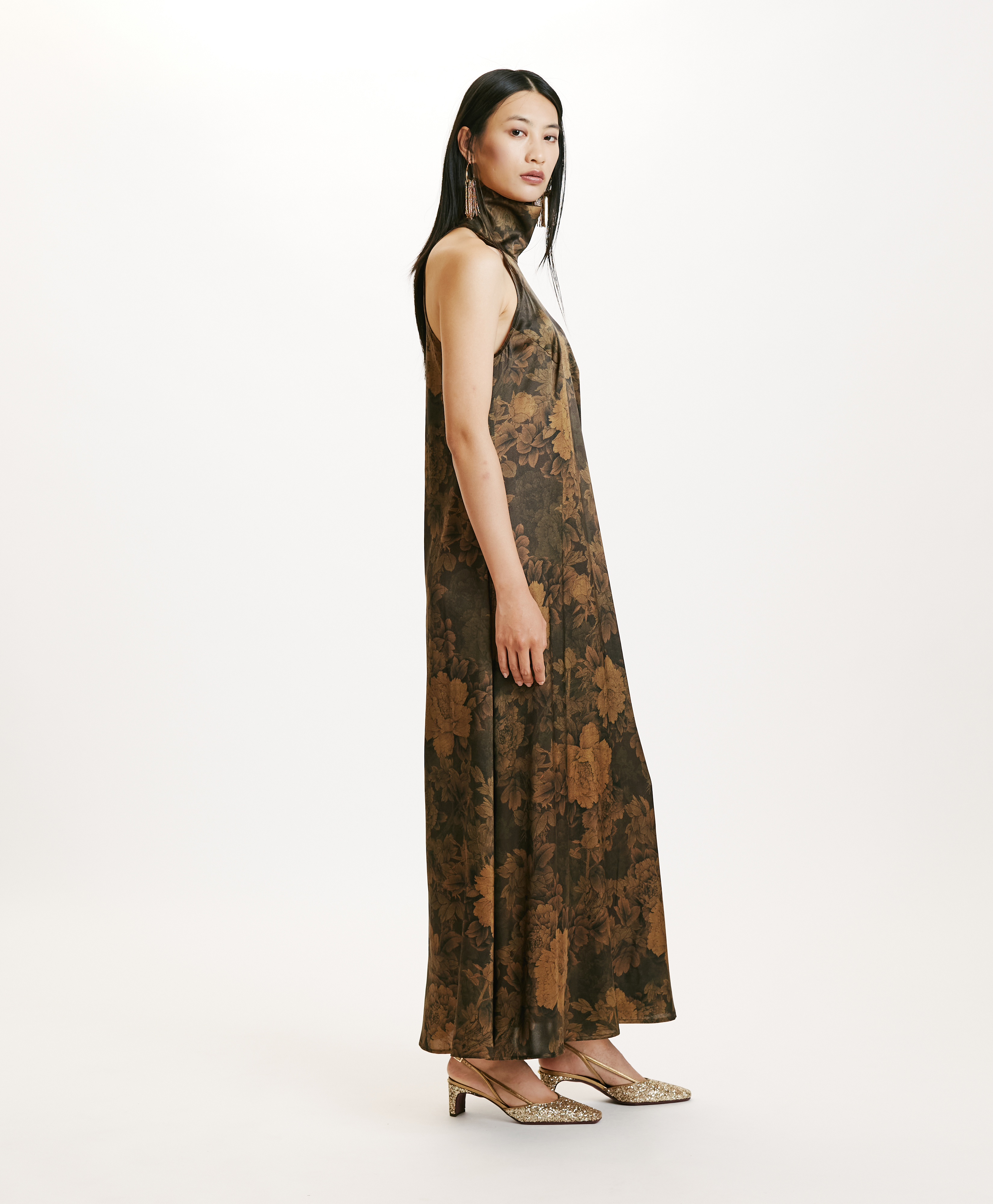 AKENO DRESS IN PRINTED STRETCH SATIN - BLACK/OLIVE - Momonì