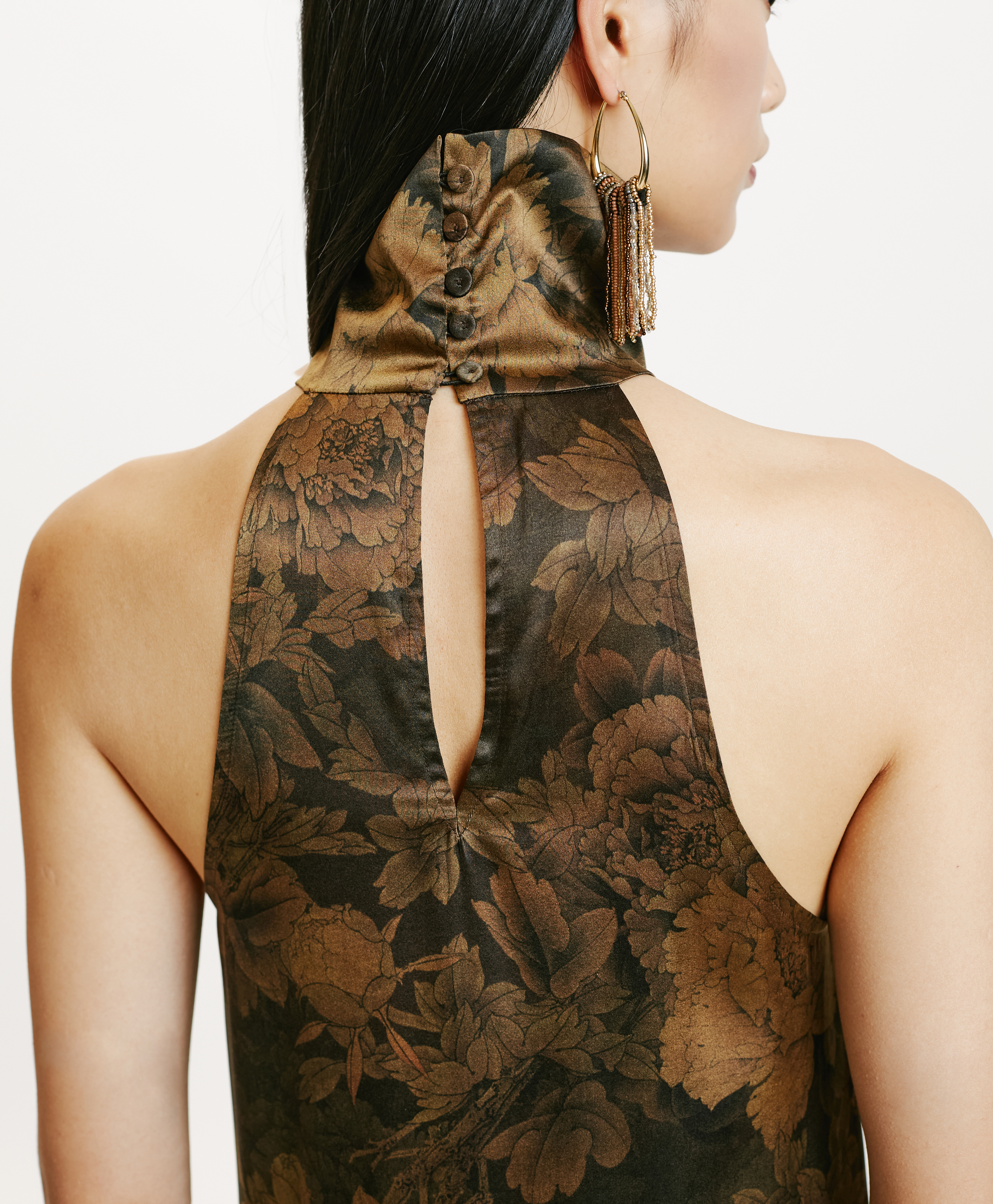 AKENO DRESS IN PRINTED STRETCH SATIN - BLACK/OLIVE - Momonì